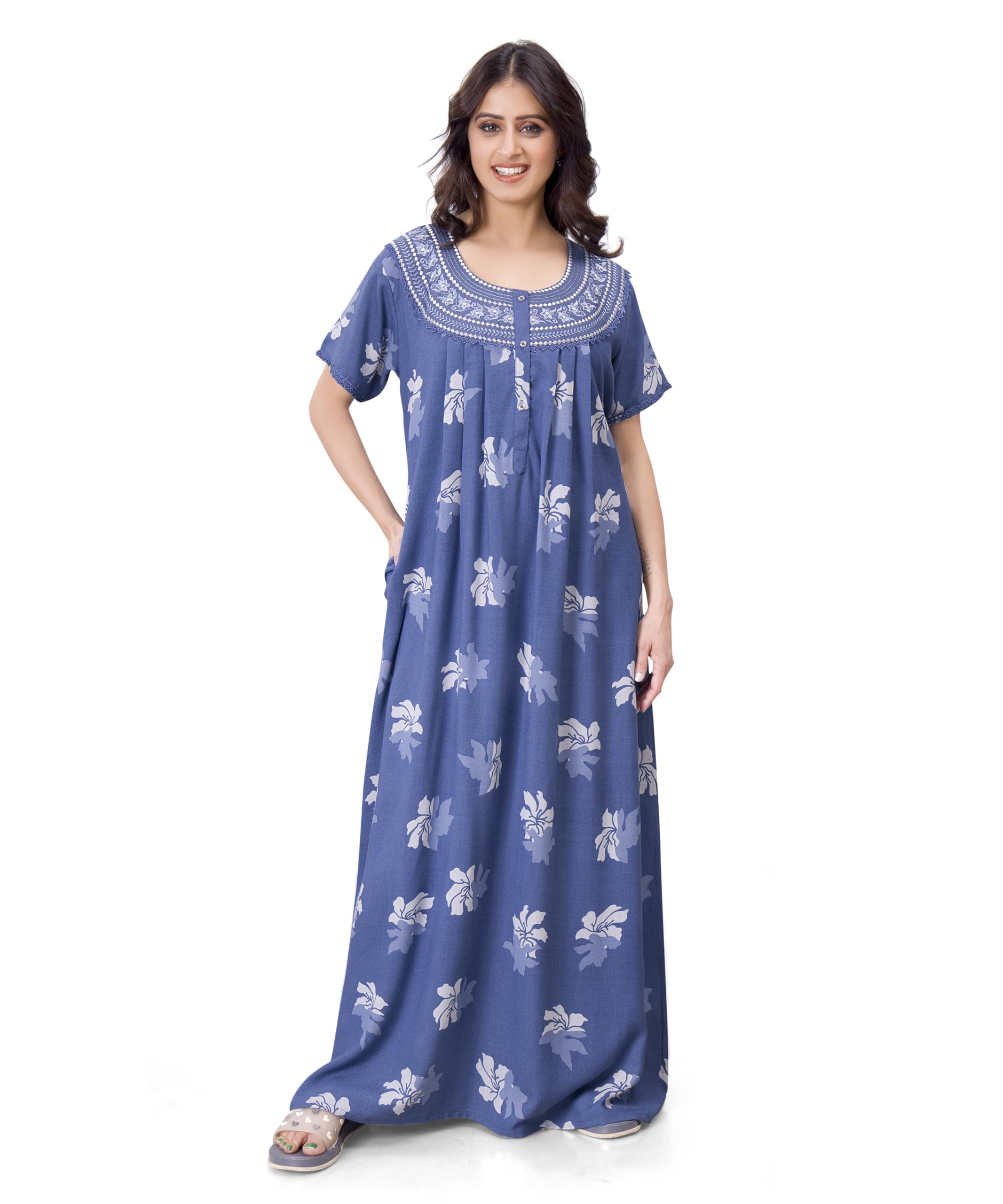 EliteZilla Women Cotton Maxi Nighty - Rama Green