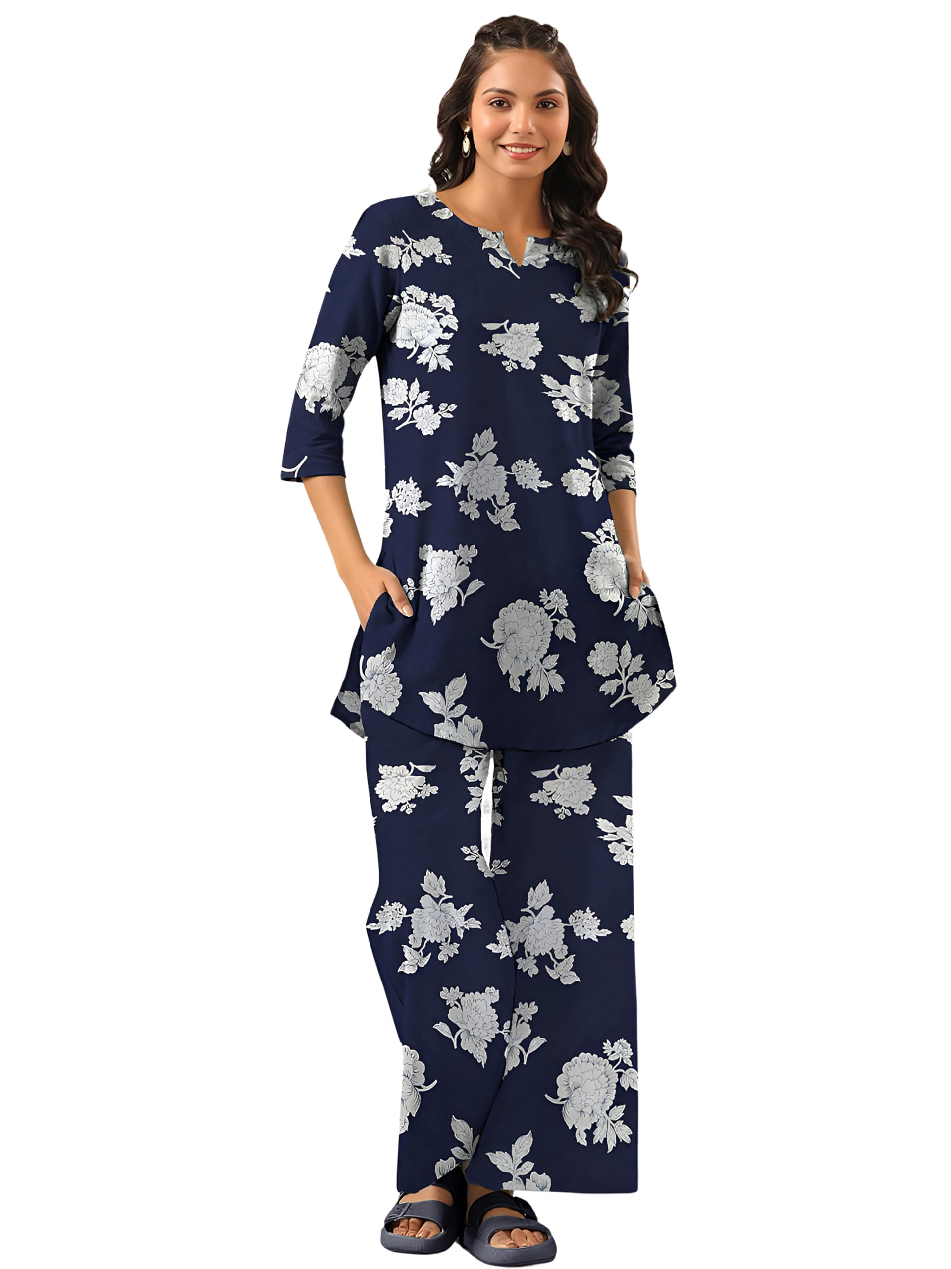 Pinkmint Women's Printed Top & Bottom Set - Navy Blue