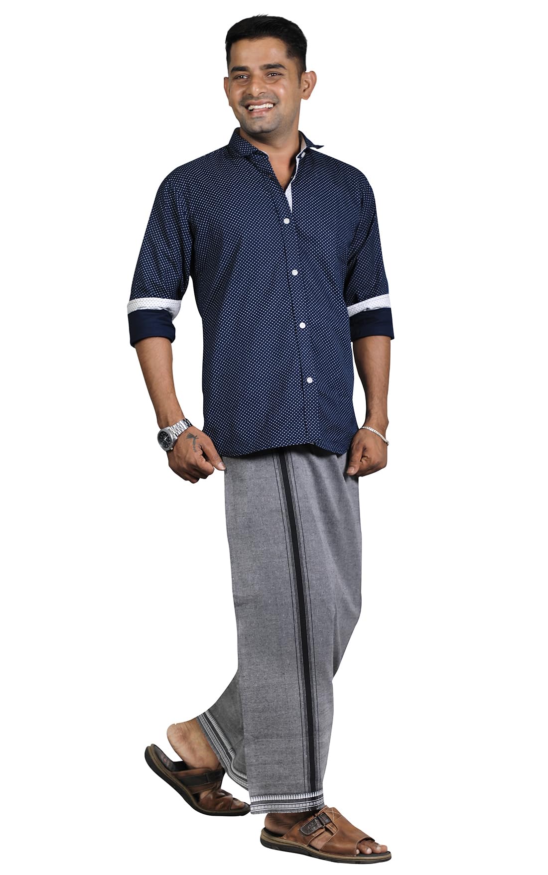 PRAKASAM Mens Cotton Kerala Dhoti - Ash - Image 5