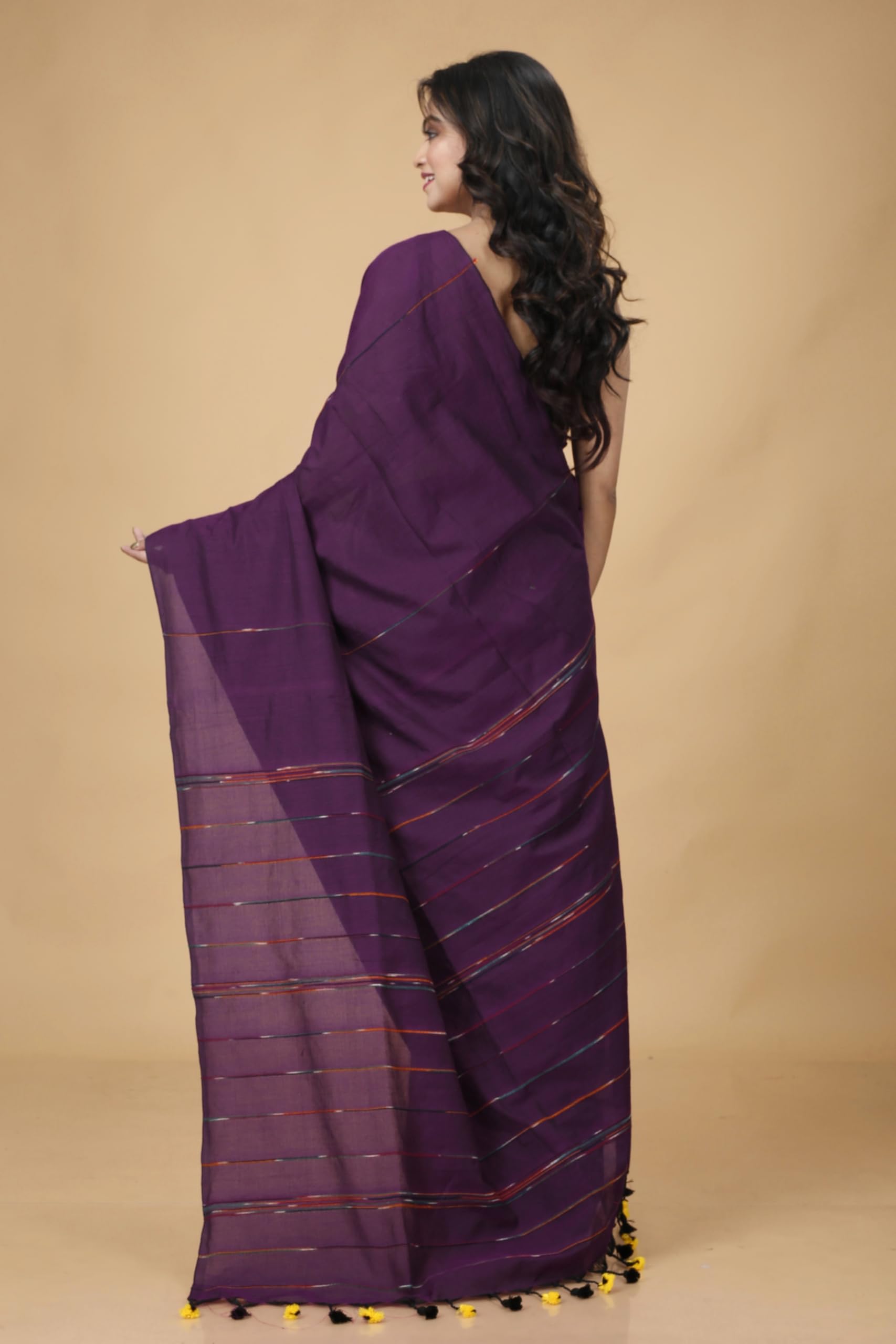 Magenta Bengal Handloom Khesh Kantha Cotton Saree - Image 3