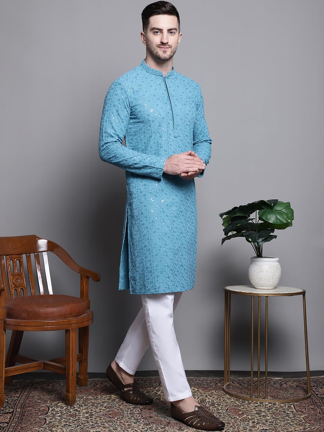 Jompers Men Sequin Embroidered Cotton Kurtas Blue - Image 4