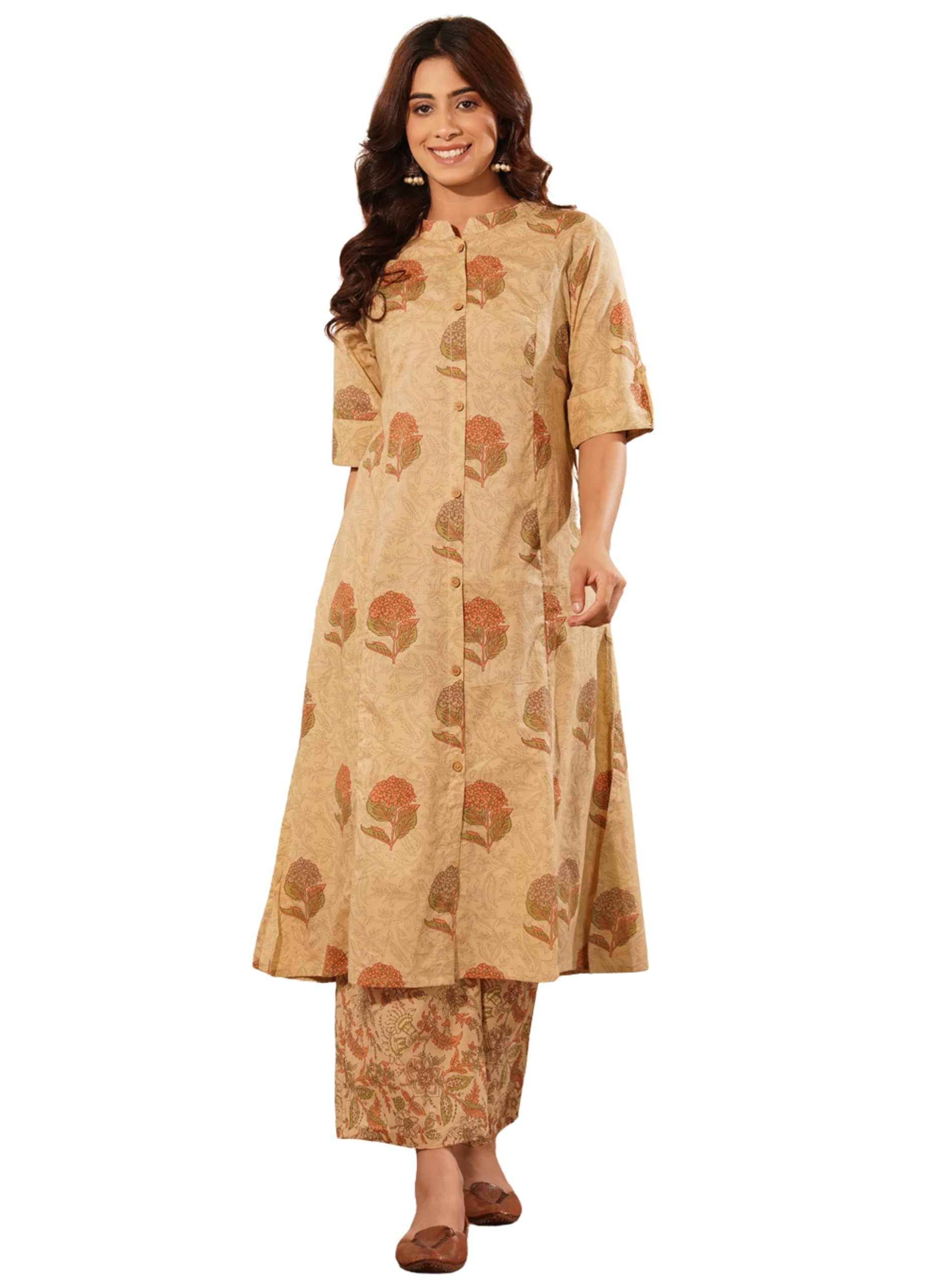 rytras Women's Cotton Printed Kurta Set with Palazzo - Beige