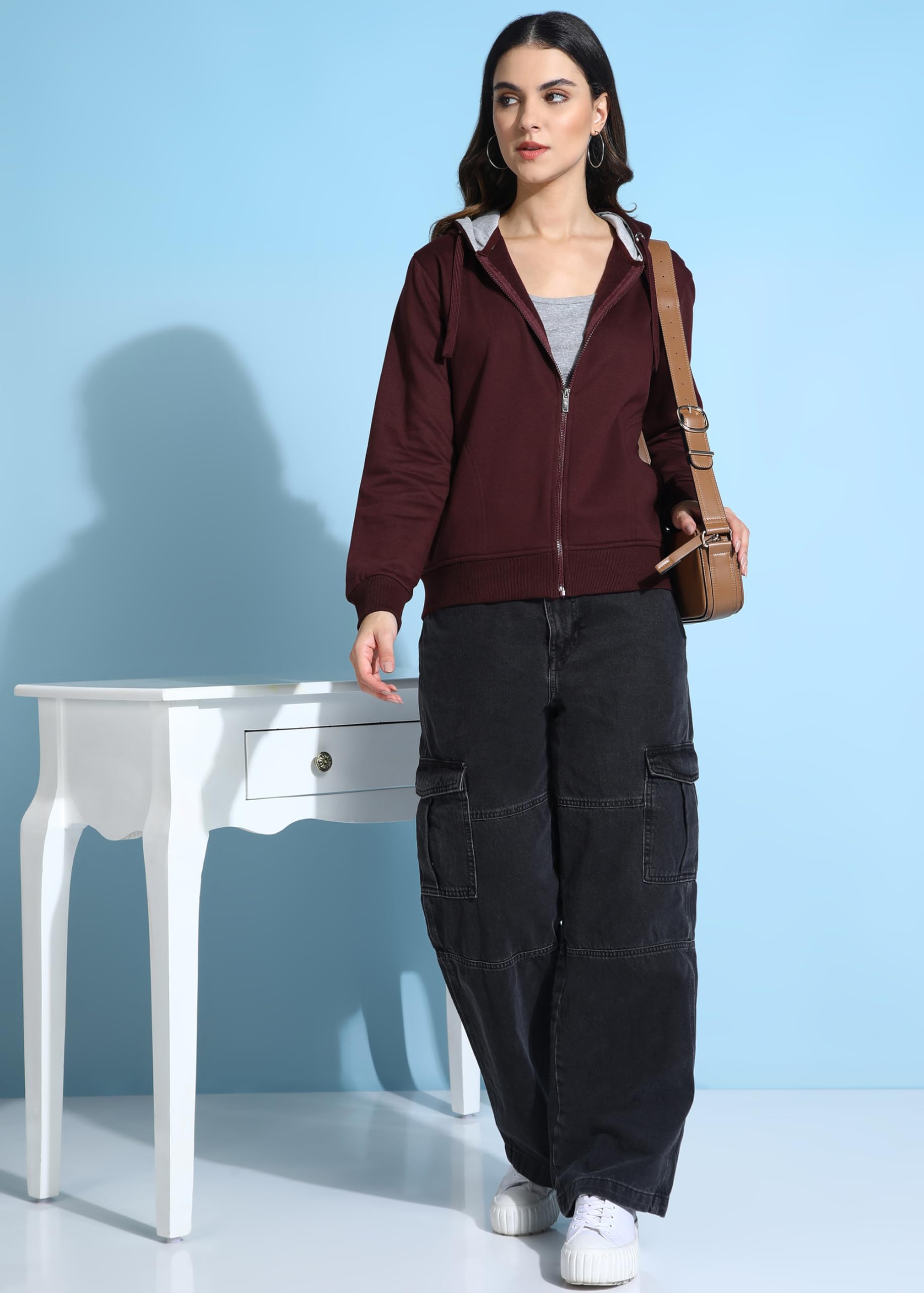 Alan Jones Women's Solid Zipper Hooded Sweatshirt - Wine - Image 2