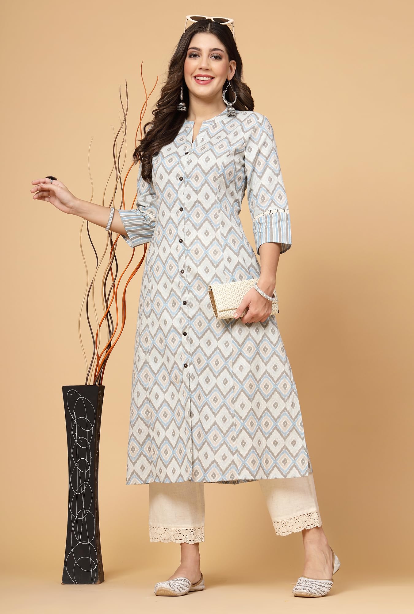 GarbGlide Women Cotton Floral Print A-Line Kurta - Sky Blue - Image 2
