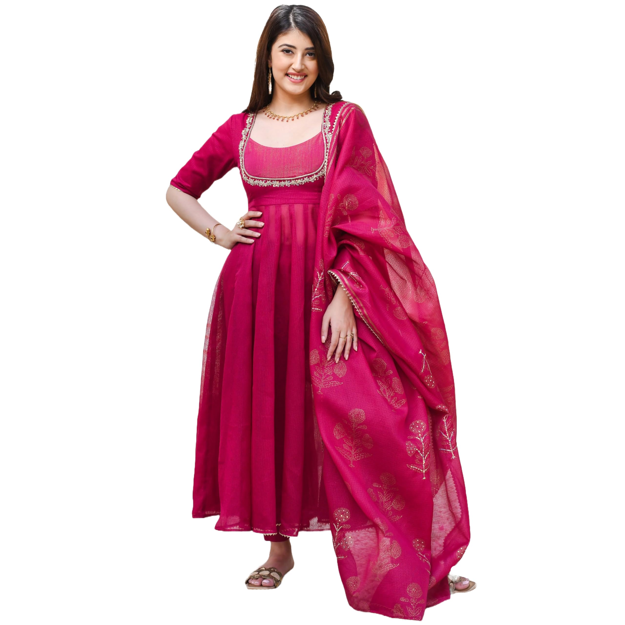 GoSriKi Women's Rayon Anarkali Kurta with Pant & Dupatta - Pink