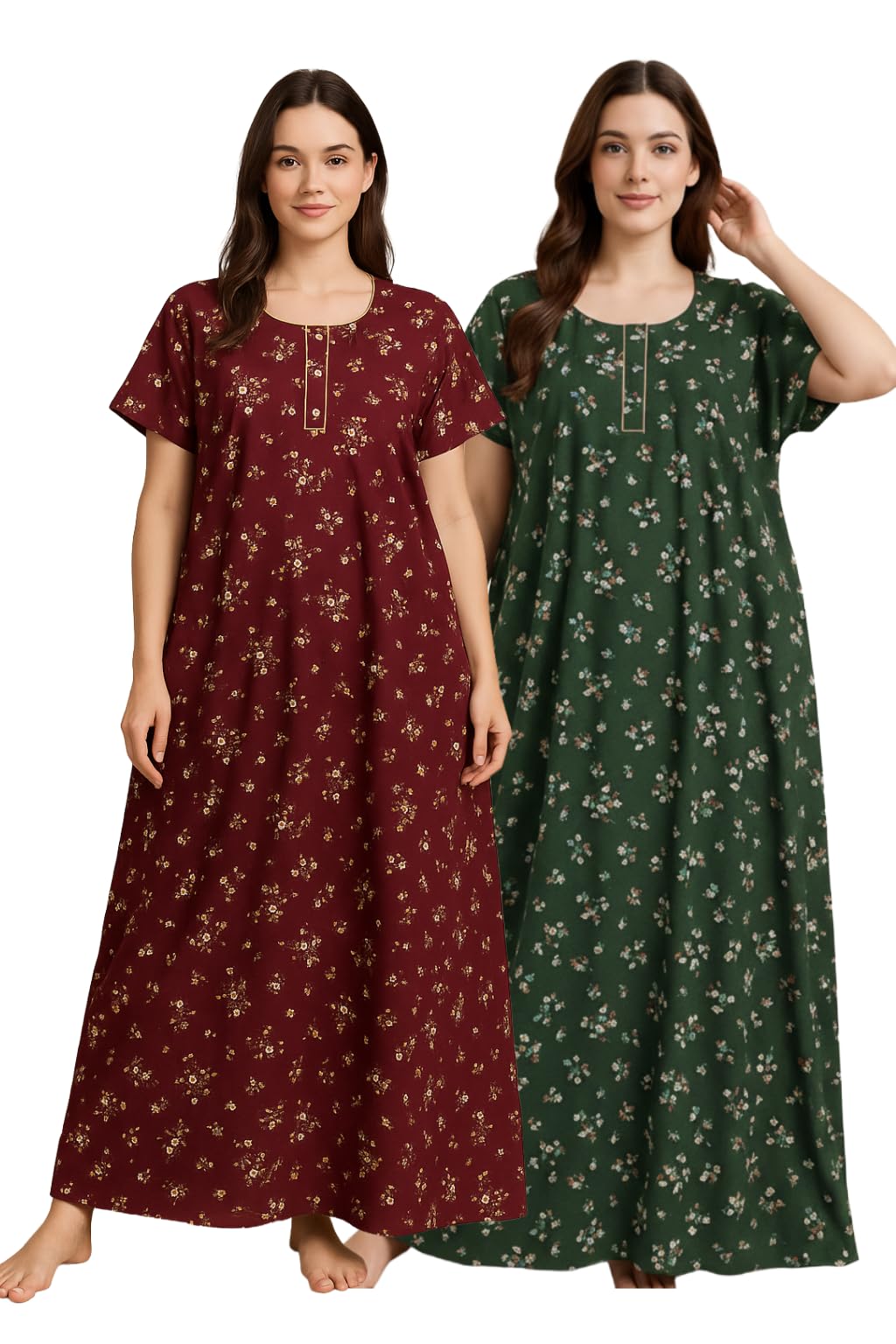Bahumaan Women's Cotton Nighty Maxi Dress - Magenta Brown & Olive Green