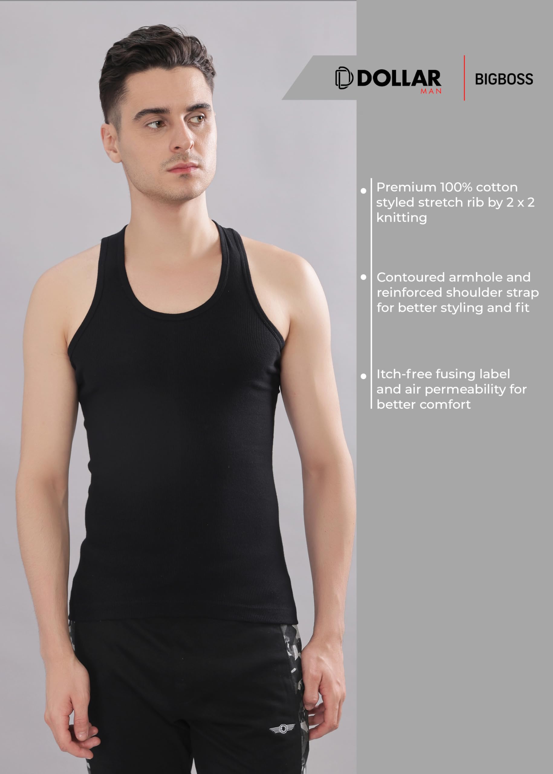 Dollar Men Cotton Blend Solid Vest - Black - Image 5