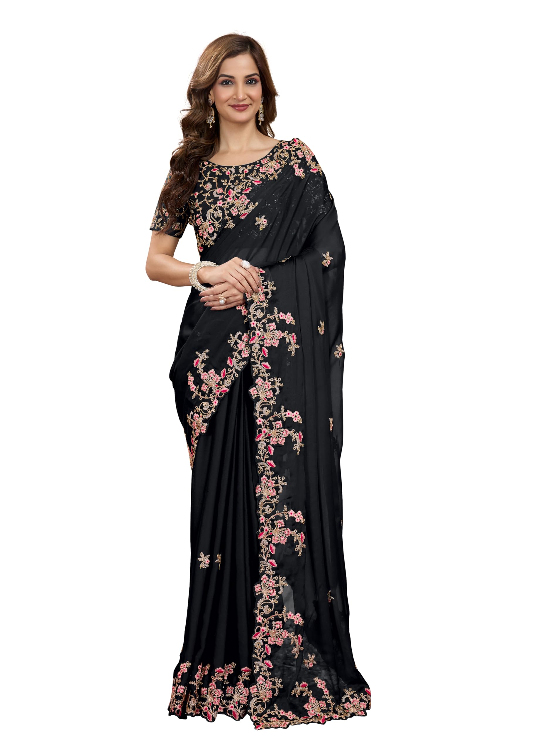 TRENDMALLS Women's Rangoli Silk Embroidred Saree - Black