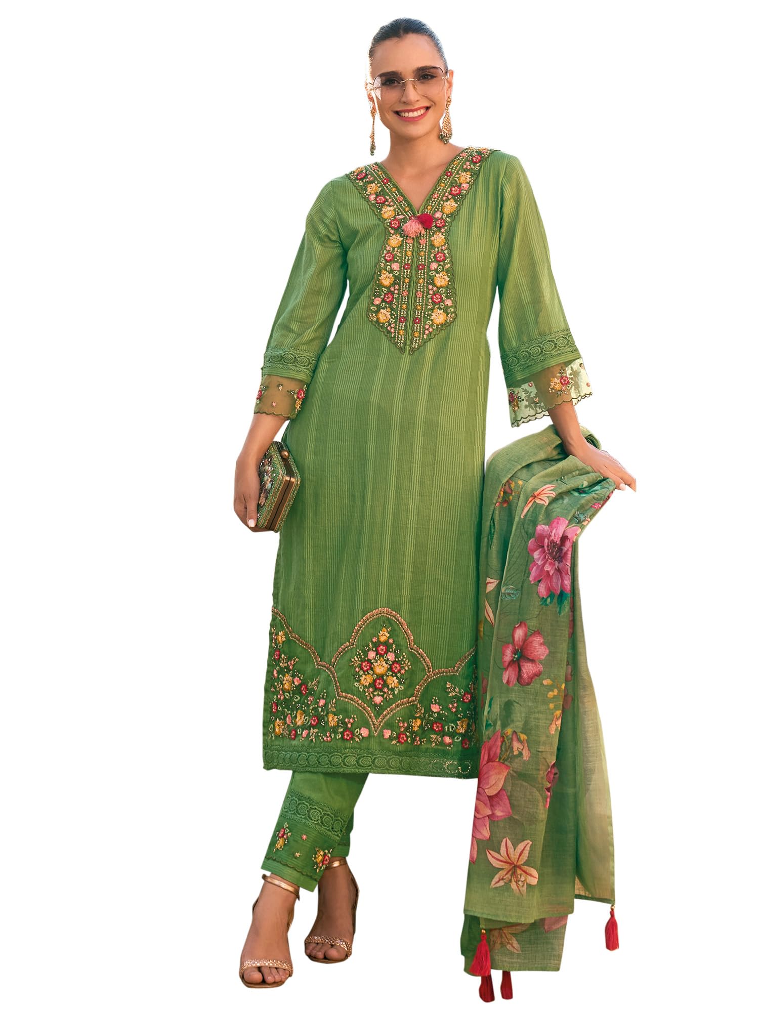 INDO ERA Women Green Embroidered Kurta Set