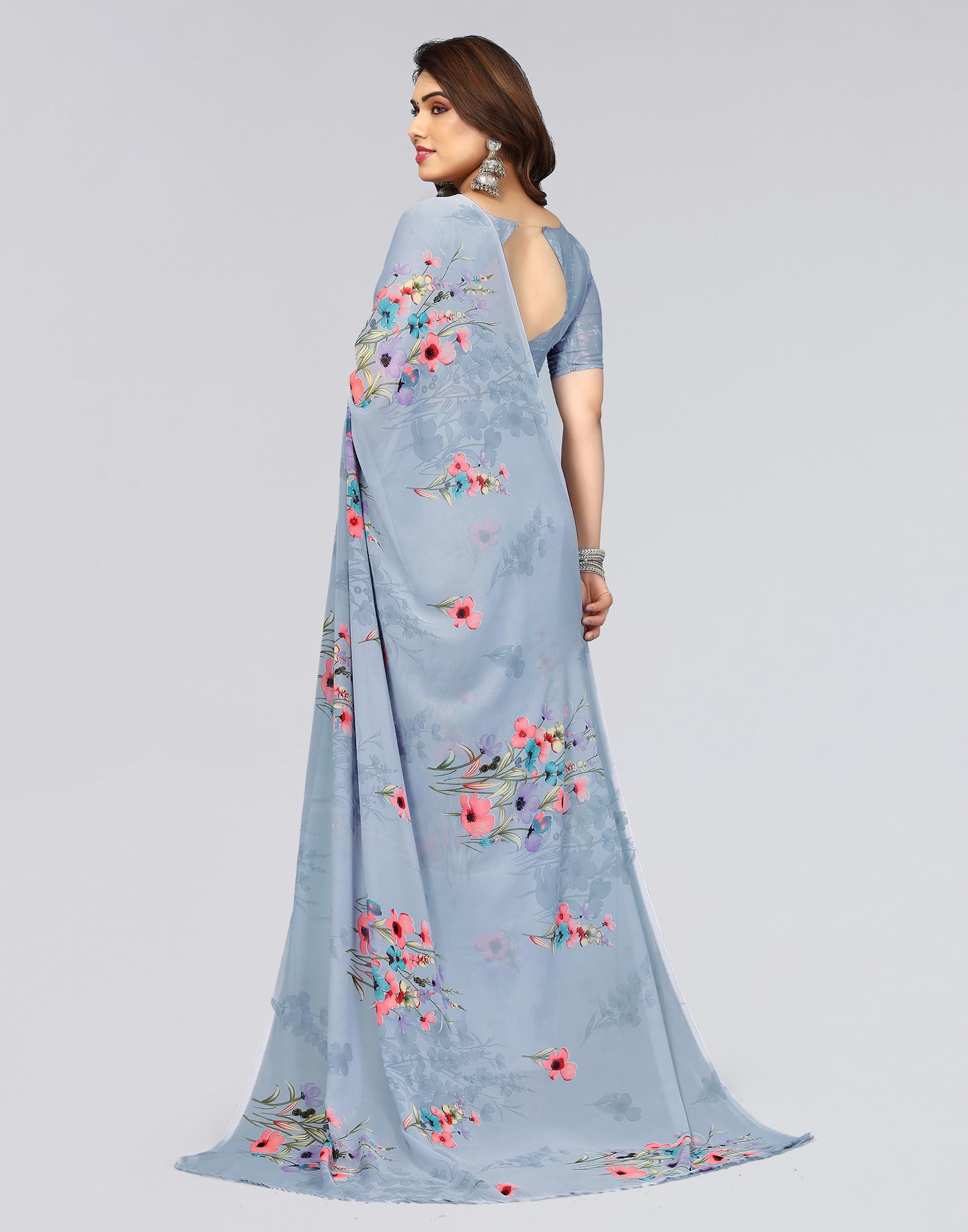 SIRIL Women's Georgette Floral Printed Saree - Grey - Image 2