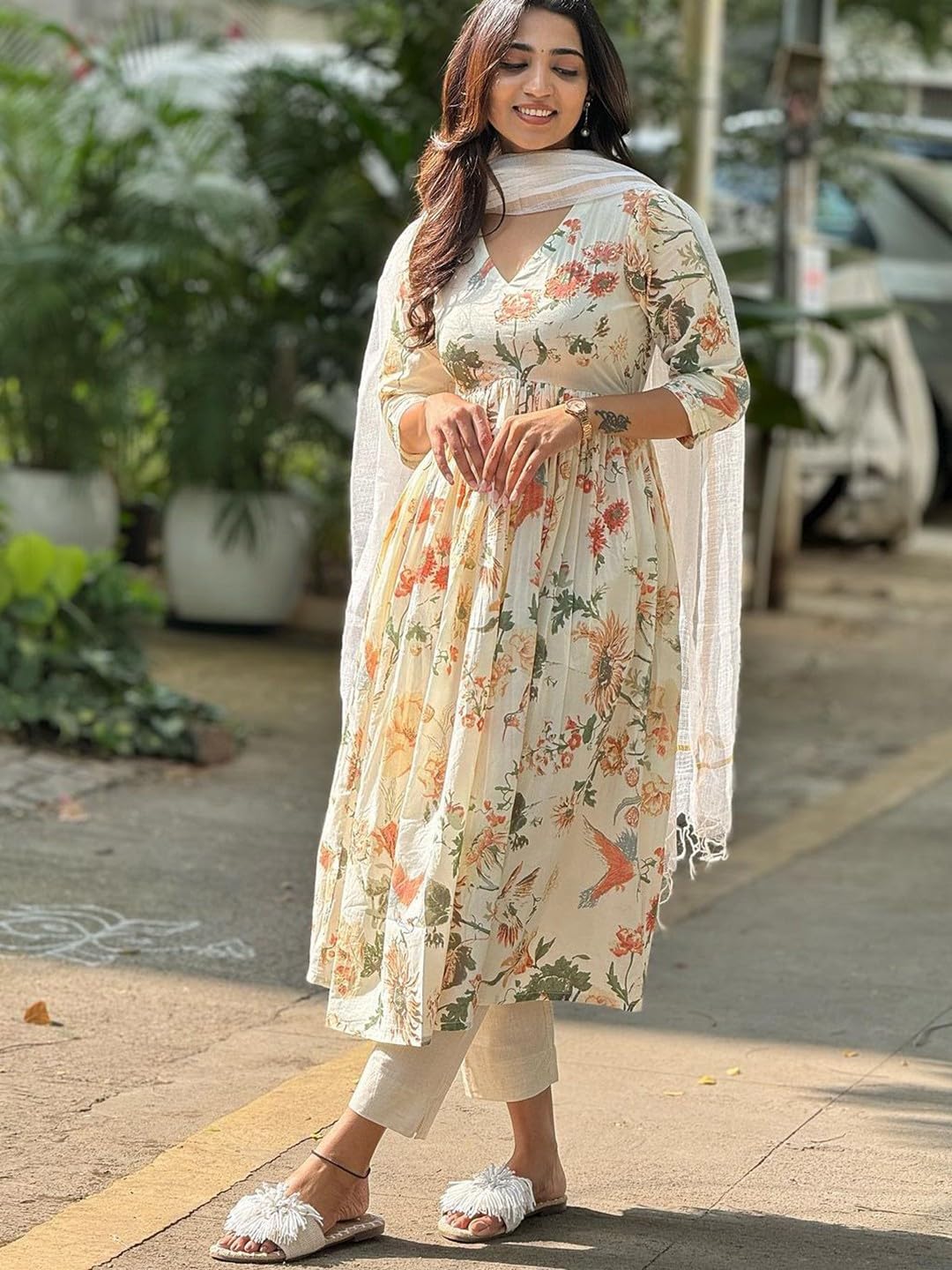 GoSriKi Women's Rayon Blend Anarkali Kurta - Cream - Image 4