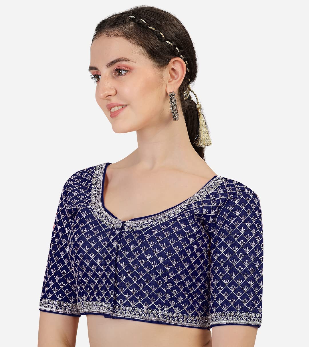 Pujia Mills Navy Blue Silk Blouse with Silver Jari Embroidery - Image 3