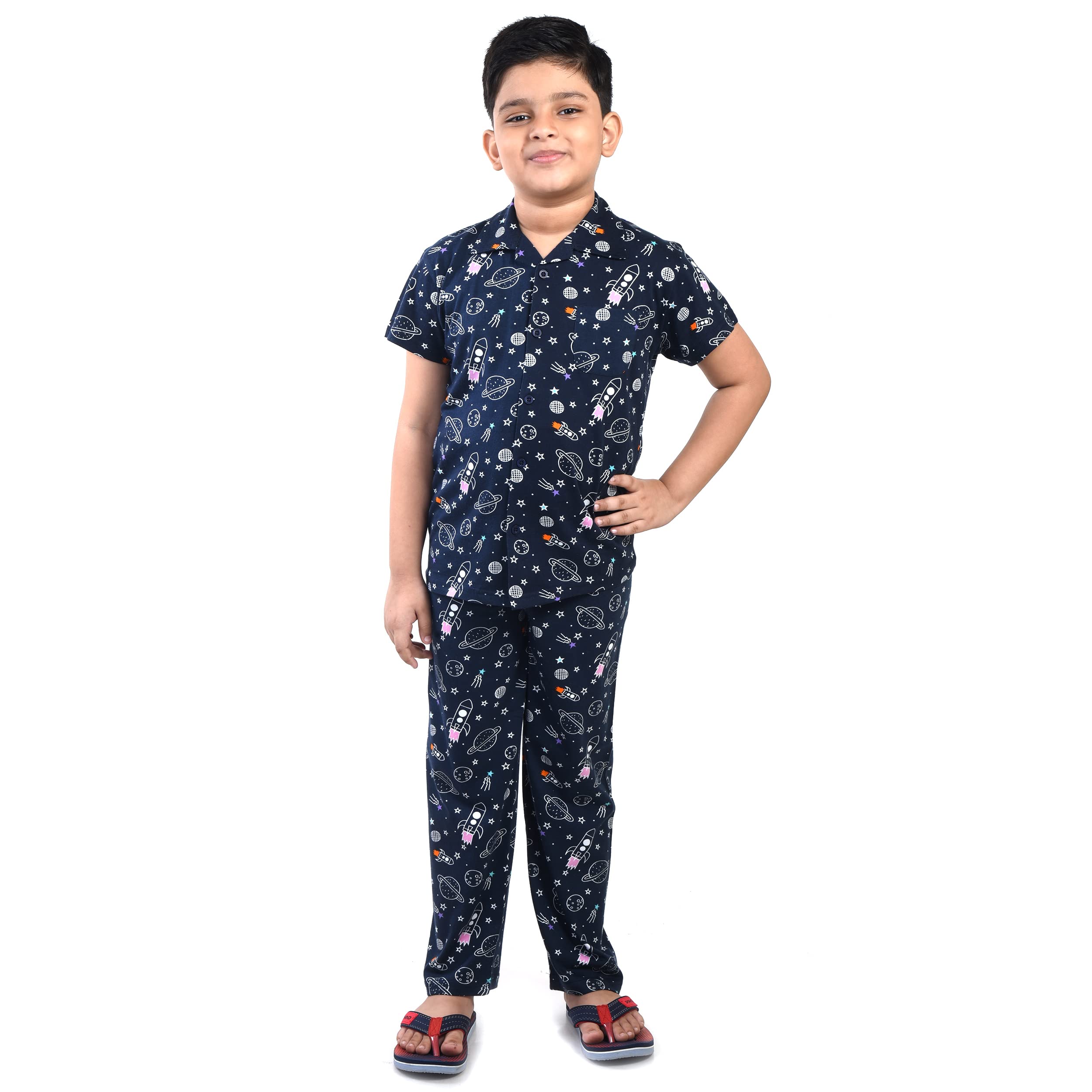 Clothe Funn Unisex Navy Blue Cotton Printed Pajama Set