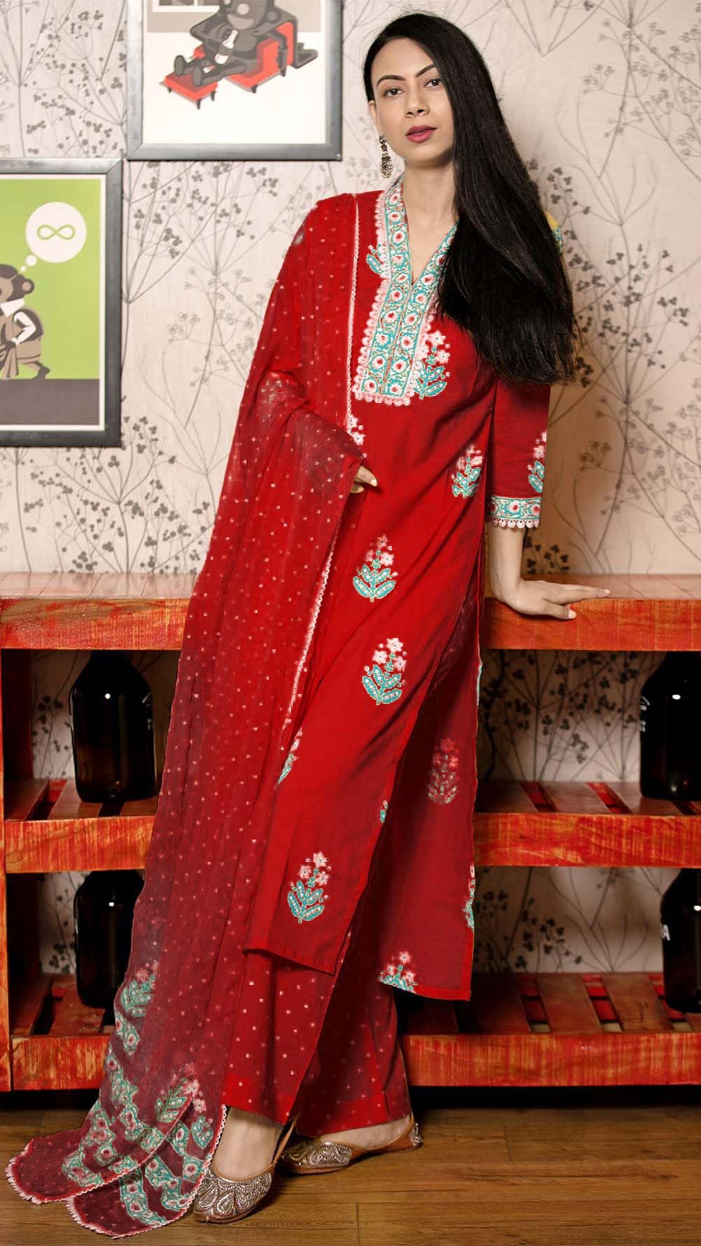 GoSriKi Red Rayon Kurta Set for Women - Image 3
