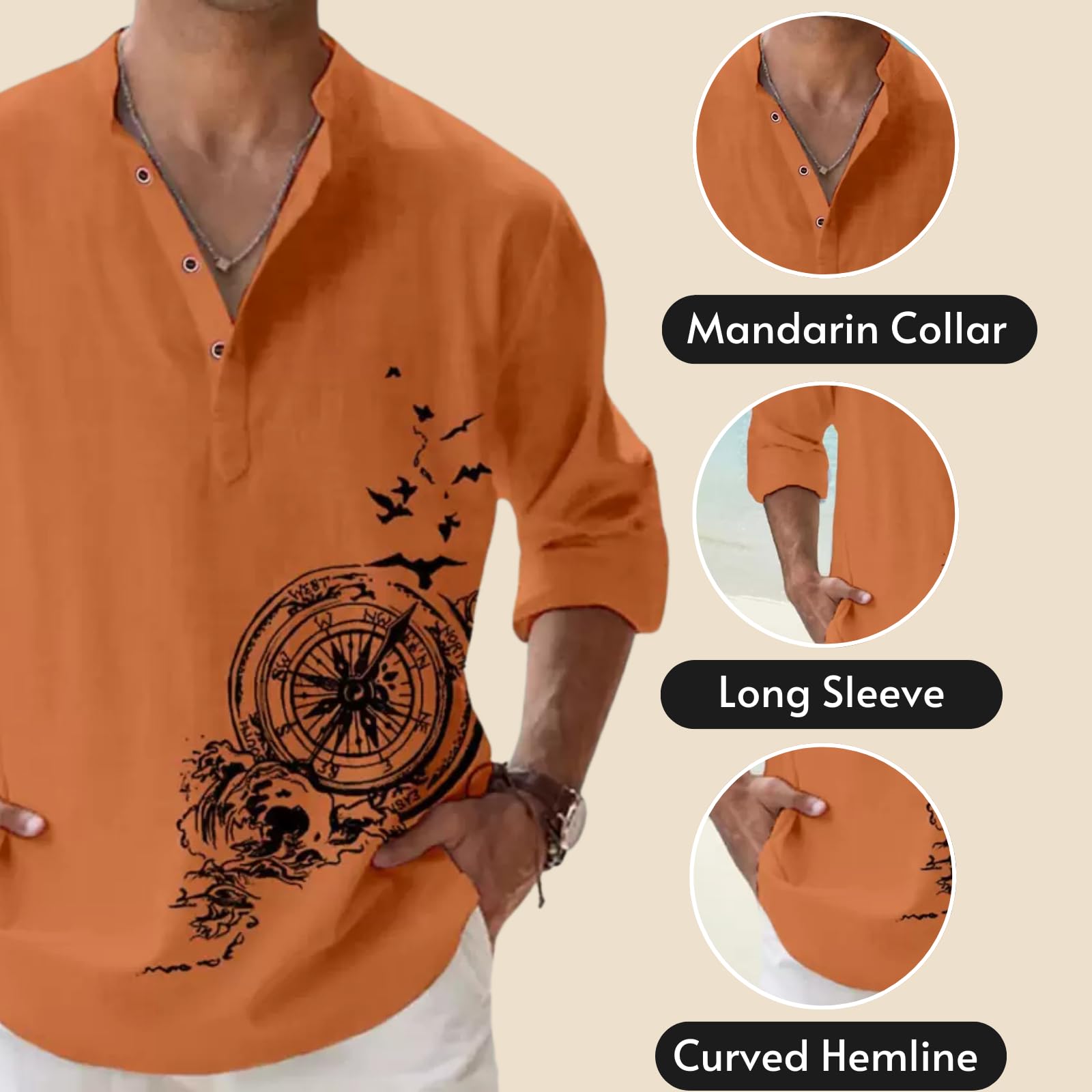 DEELMO Orange Mandarin Collar Kurta for Men - Image 2