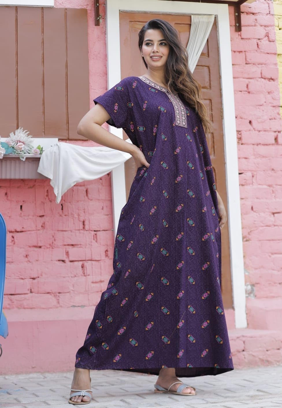 Pure Cotton Jaipuri Maxi Nighty for Women - Purple - Image 2