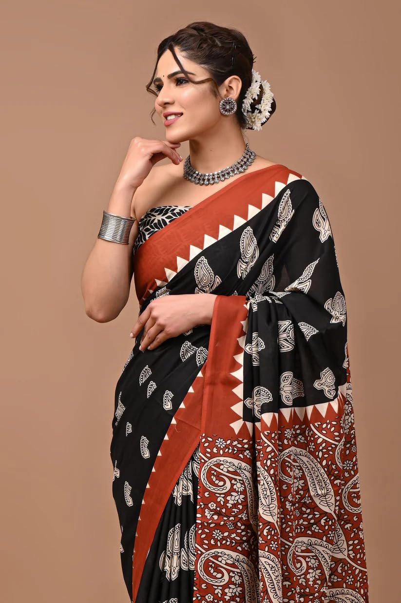 Crafts Moda Women's Pure Cotton Saree - Black, Brown - Image 3