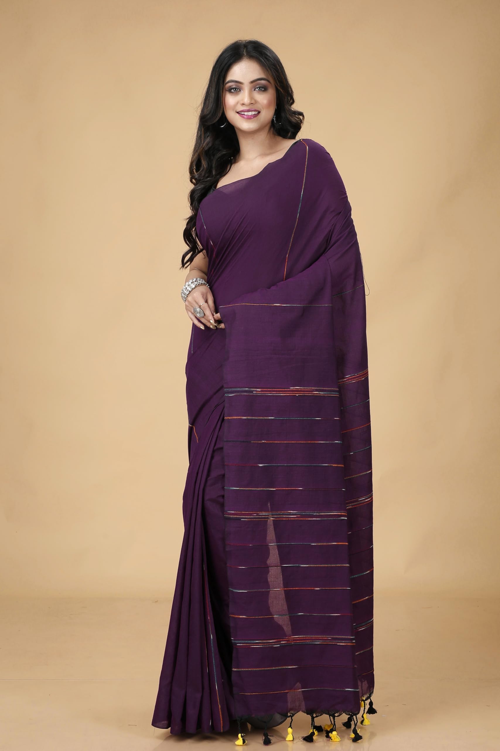 Magenta Bengal Handloom Khesh Kantha Cotton Saree - Image 5