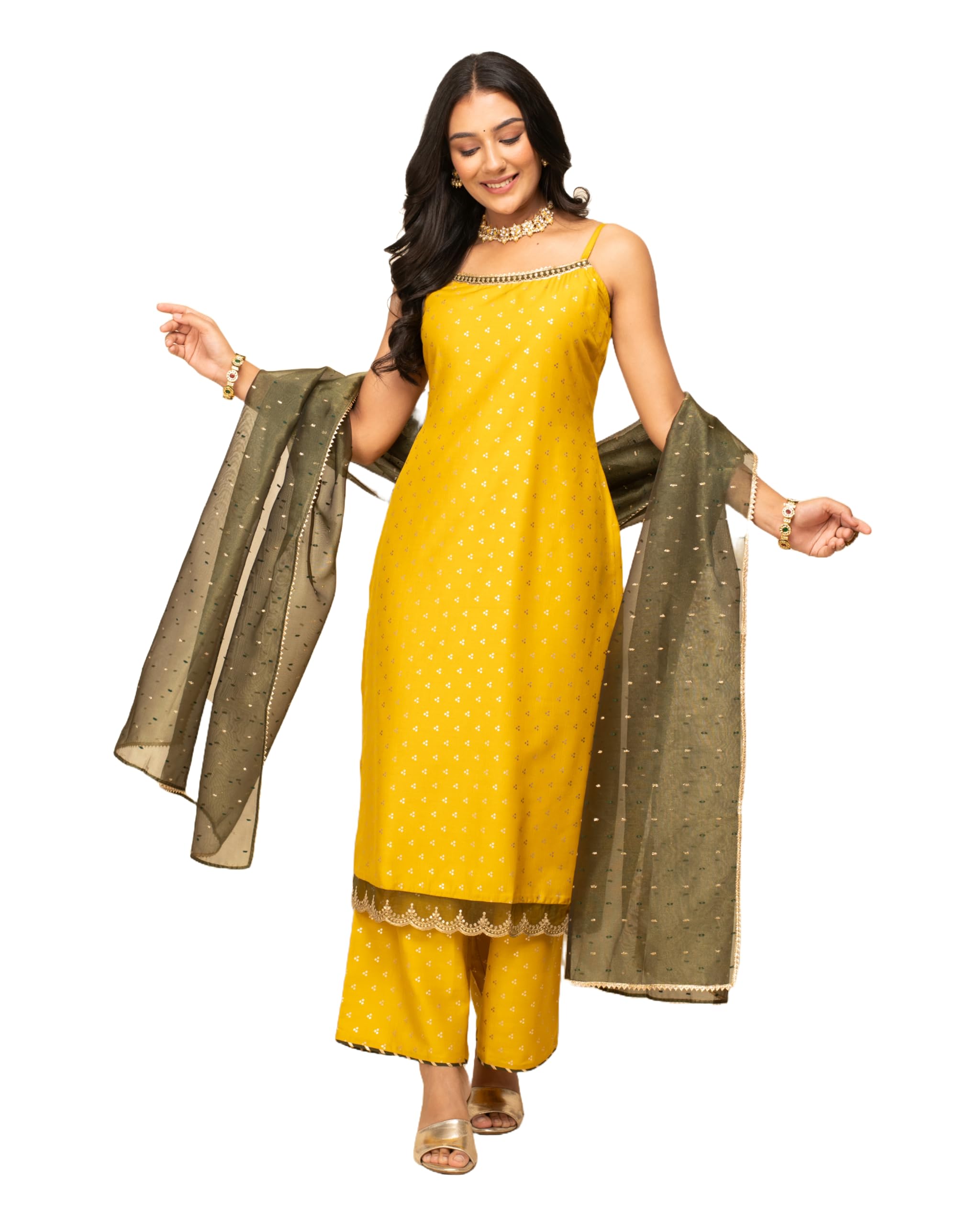 FIORRA Women's Yellow Silk Blend Kurta Set - Image 4