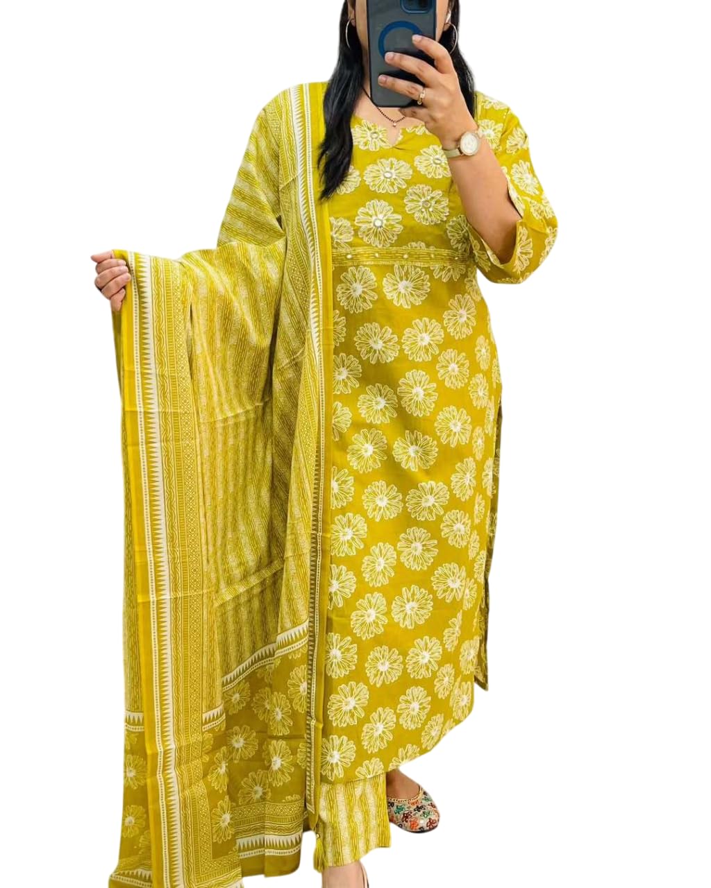 Rangnavi Women's Floral Printed Kurta Set - Yellow