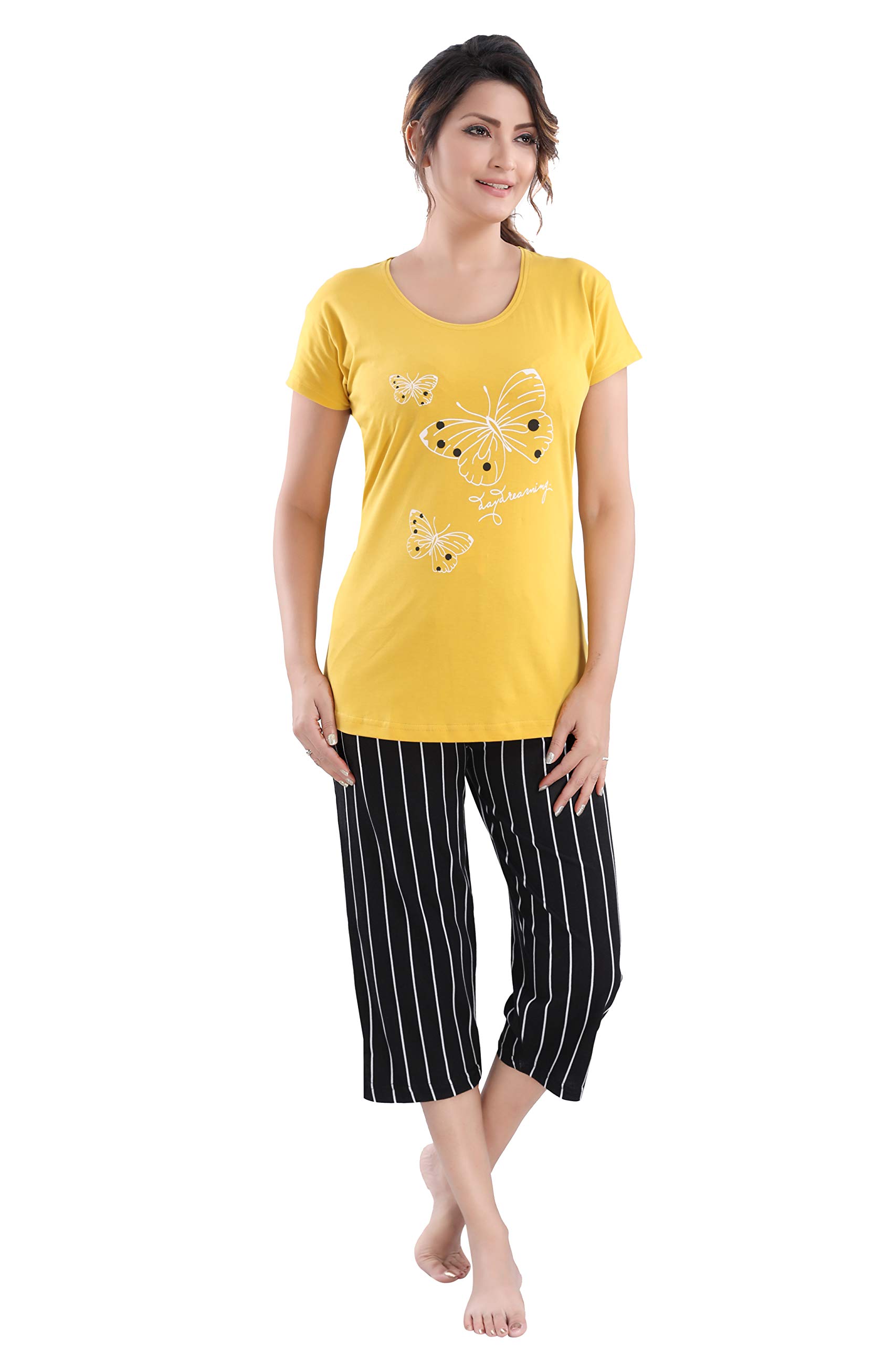 DZZO Women's Cotton Graphic Print Night Suit - Yellow - Image 5