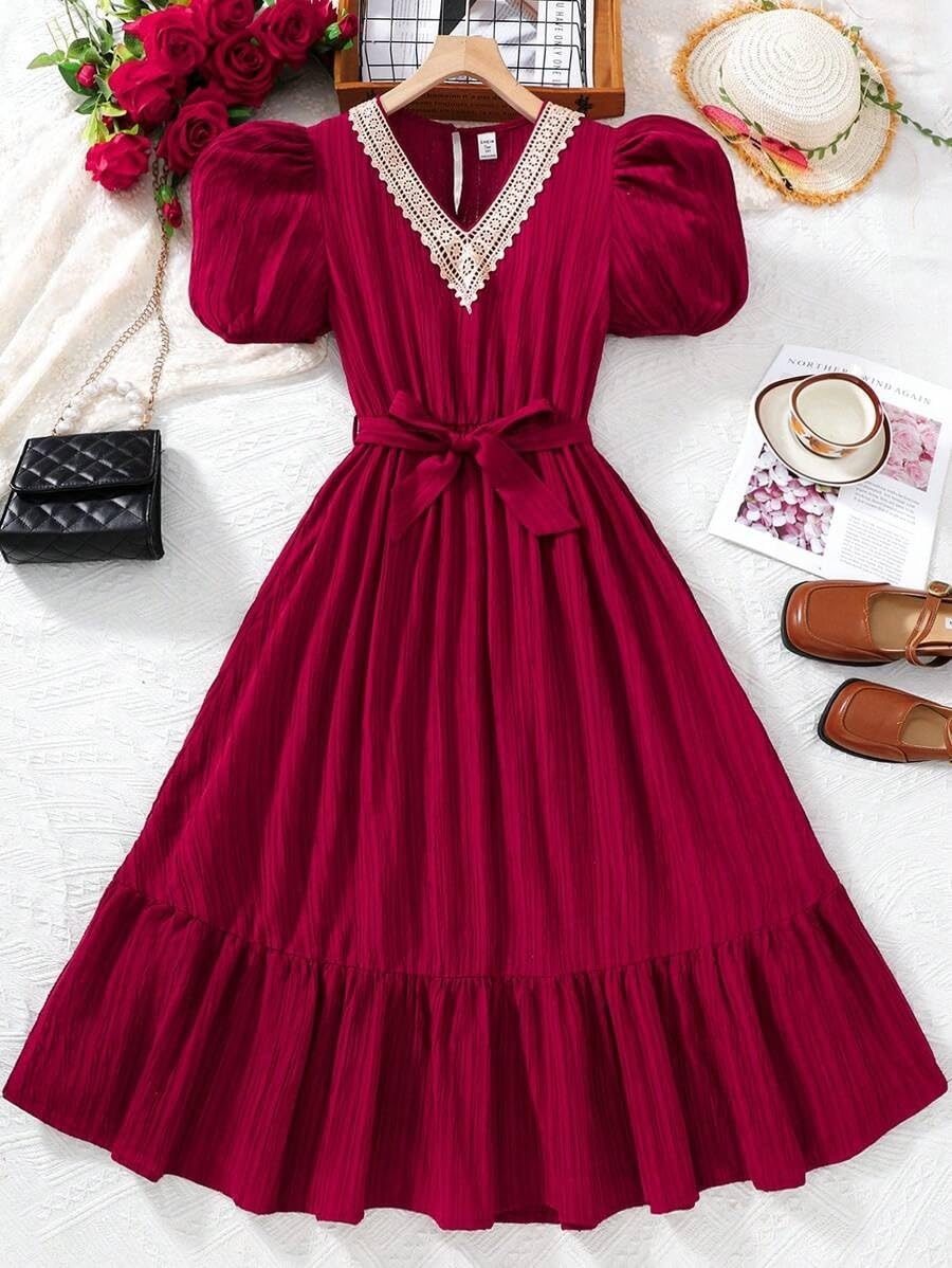MENSBIT Girl's Puff Sleeve Gown - Maroon - Image 2