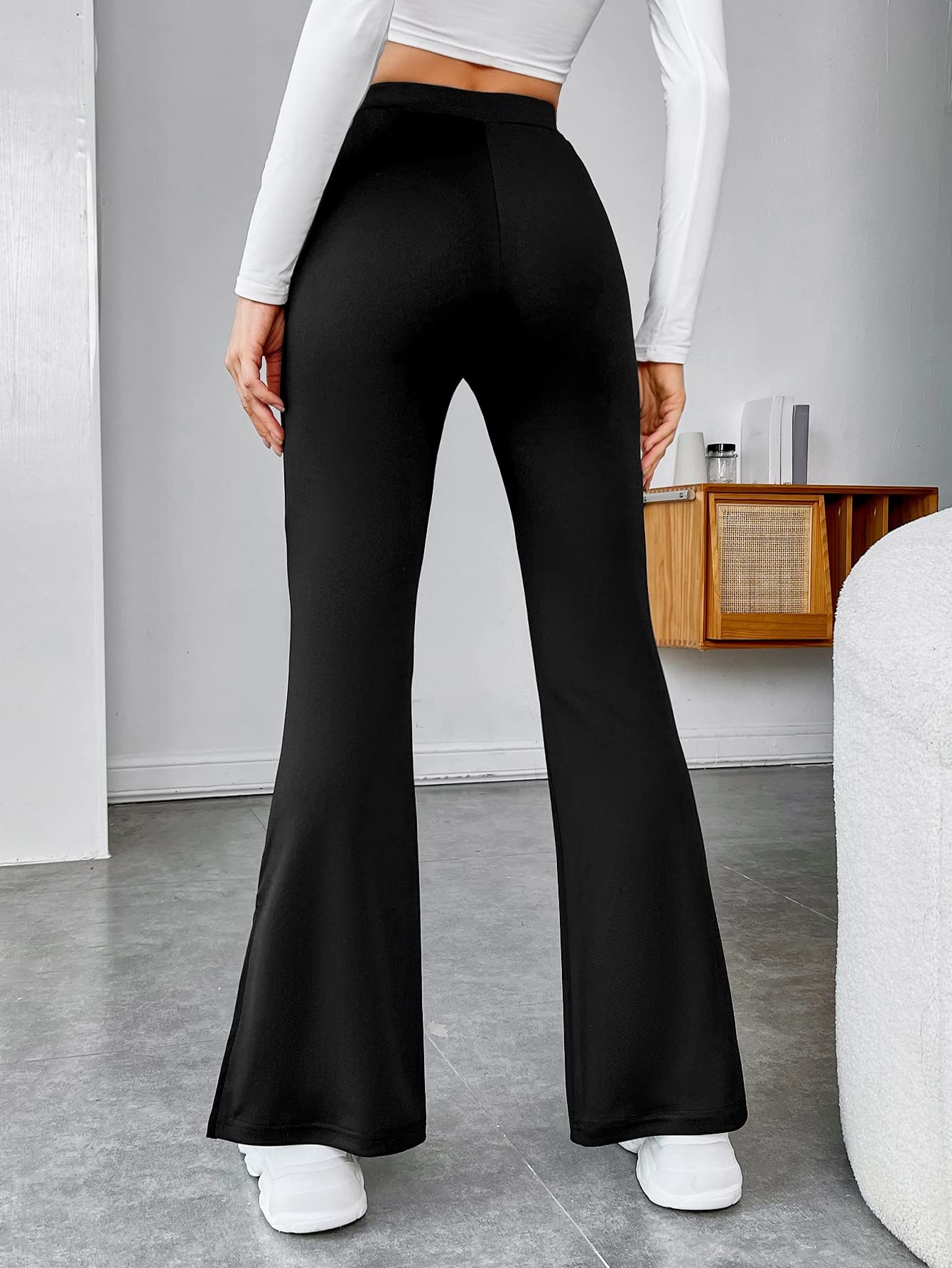 High-Waist Flare Leg Bell Bottom Pants for Women - Black - Image 3