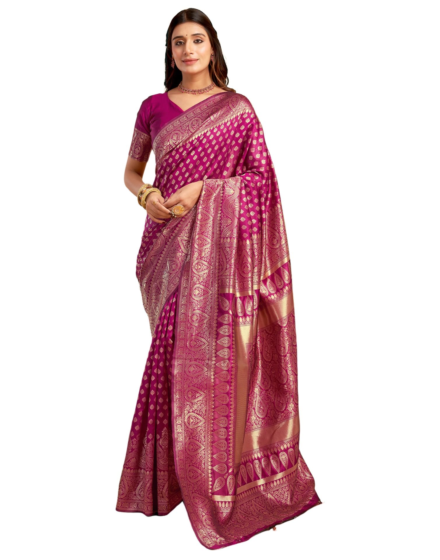SIRIL Women's Kanjivaram Silk Saree - Magenta