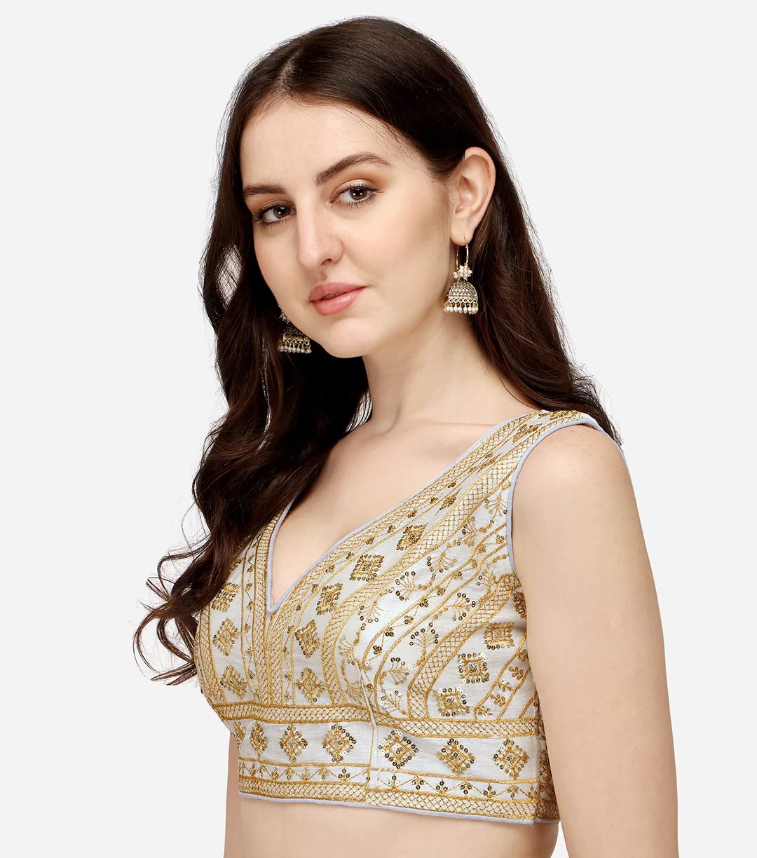 Pujia Mills Women's Silk Saree Blouse - White - Image 3