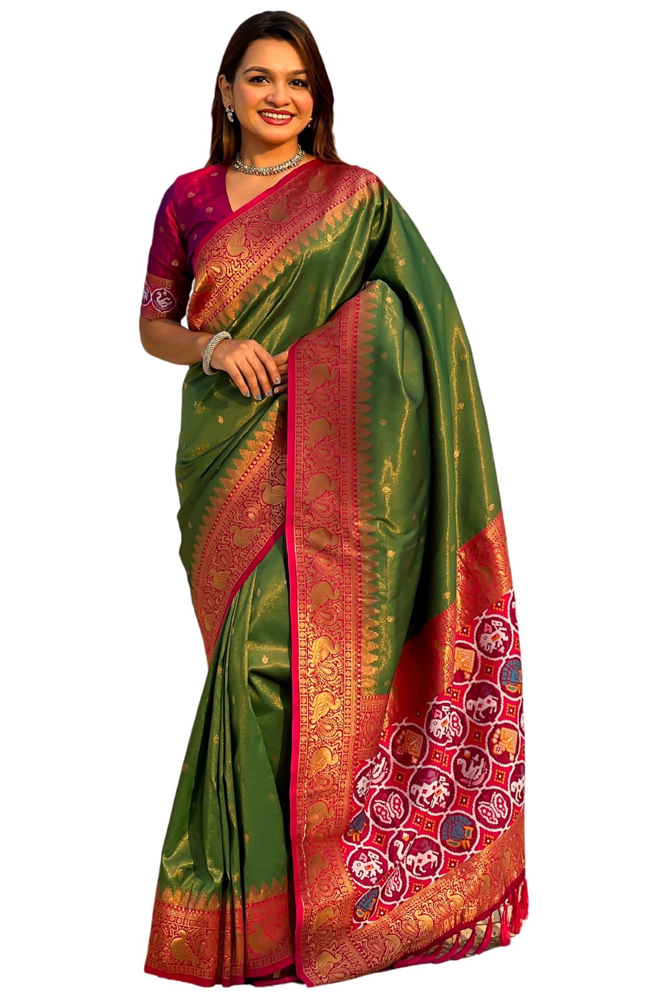 Kanjivaram Patola Silk Saree for Women - Dark Green Pink
