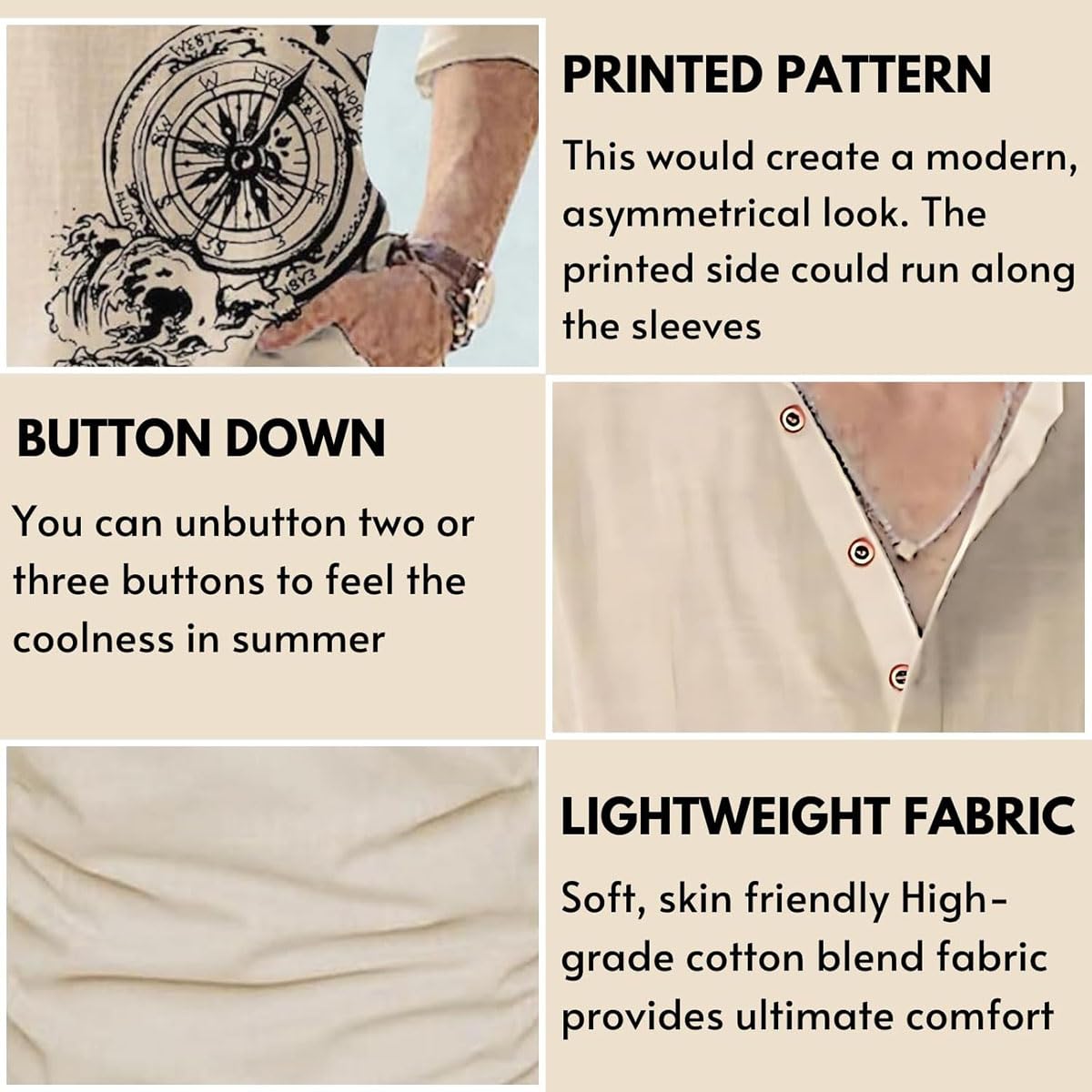 DEELMO Men's Beige Cotton Kurta - Image 3