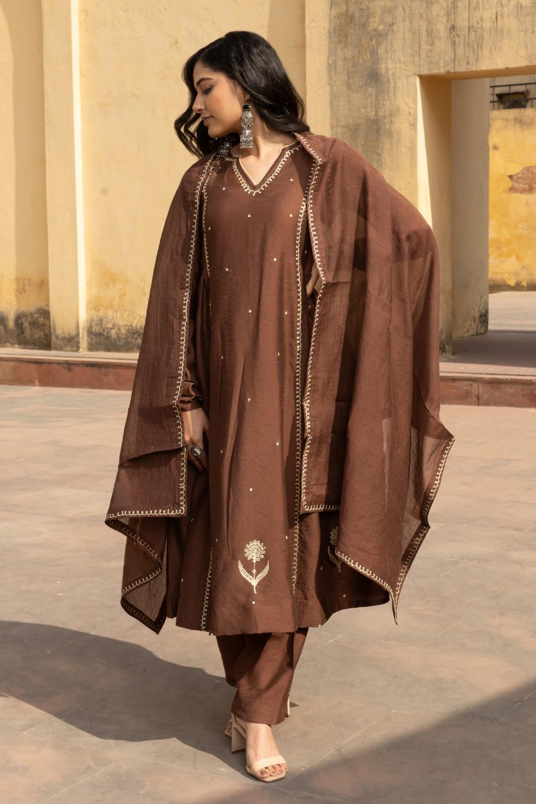 ANNI Women Kurta with Pant and Dupatta - Brown - Image 3
