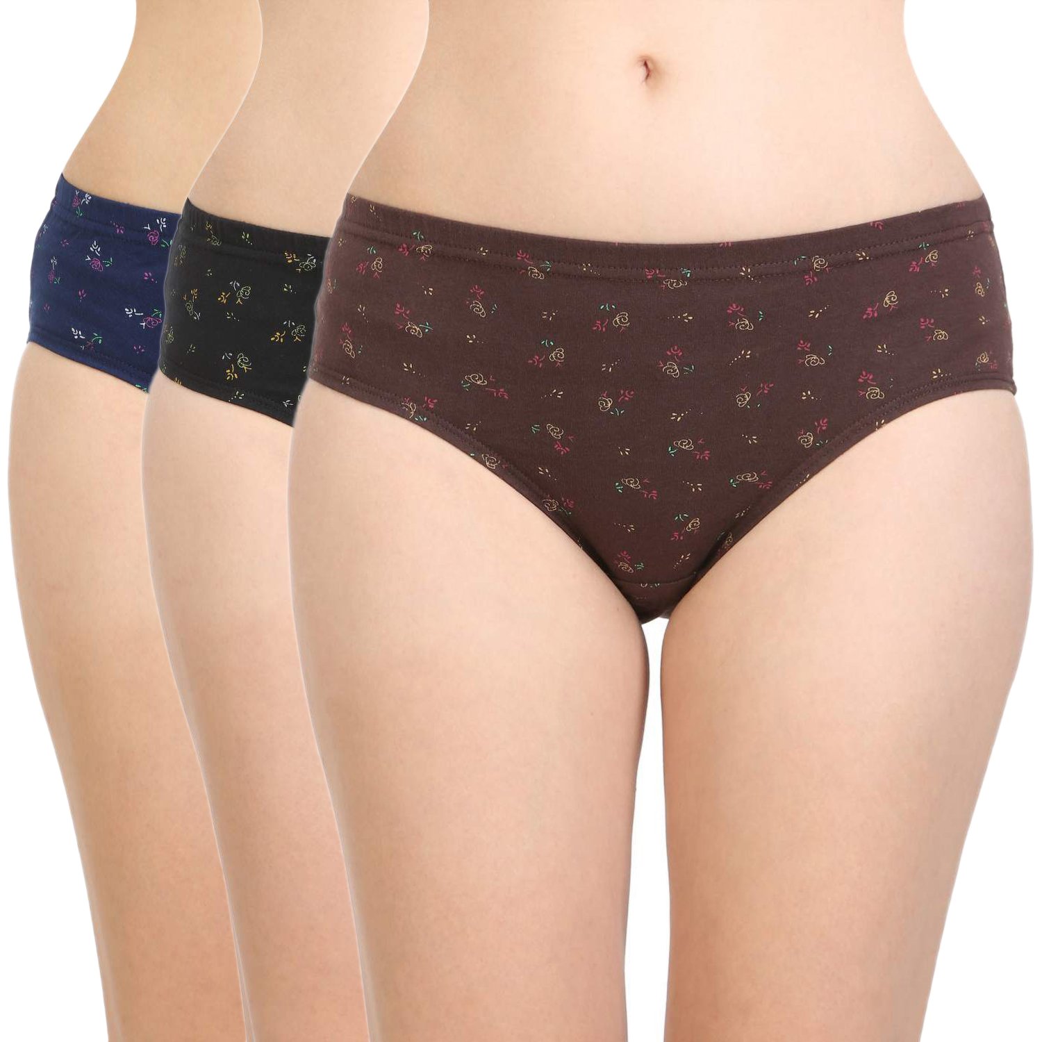 BODYCARE Cotton Briefs for Women - Brown, Blue & Black
