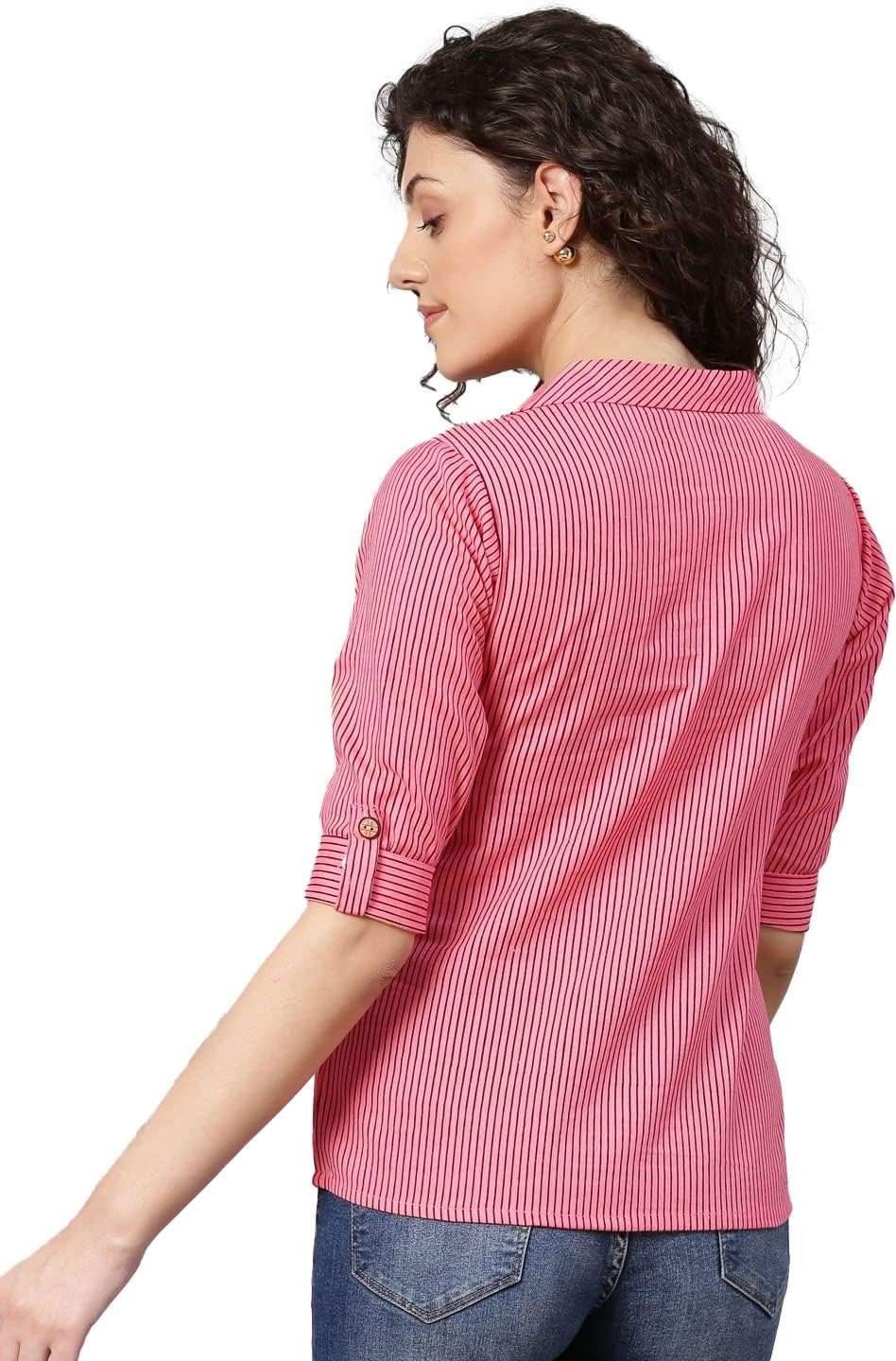 Yash Fashion Women's Cotton Stripe Printed Straight Top - Pink - Image 3