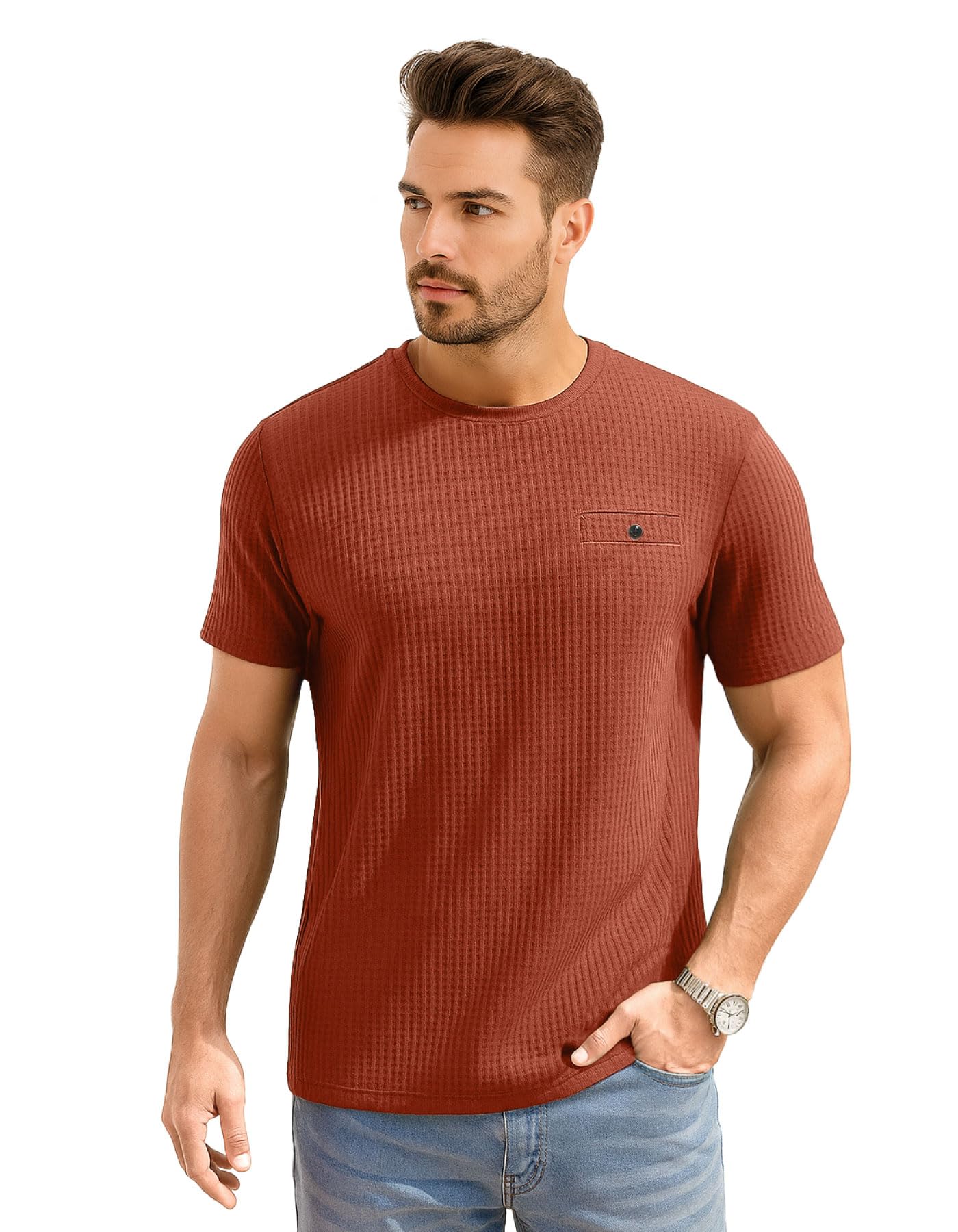 AWG Men's Waffle Knit Crew Neck T-Shirt - Rust