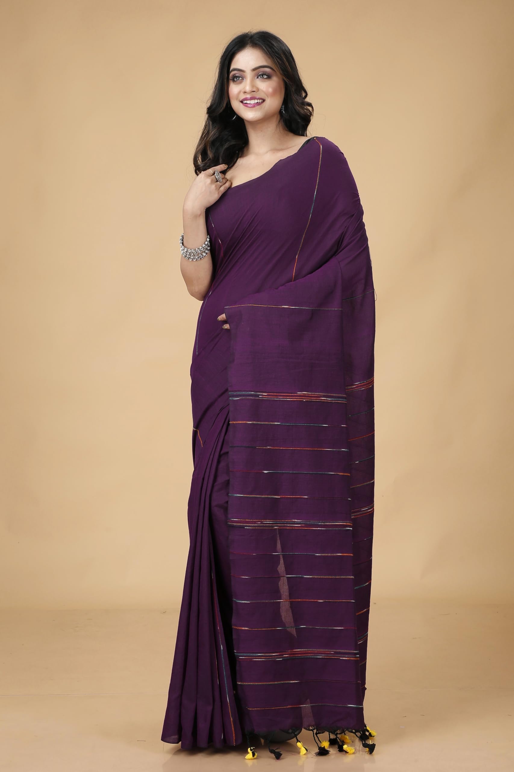Magenta Bengal Handloom Khesh Kantha Cotton Saree - Image 4