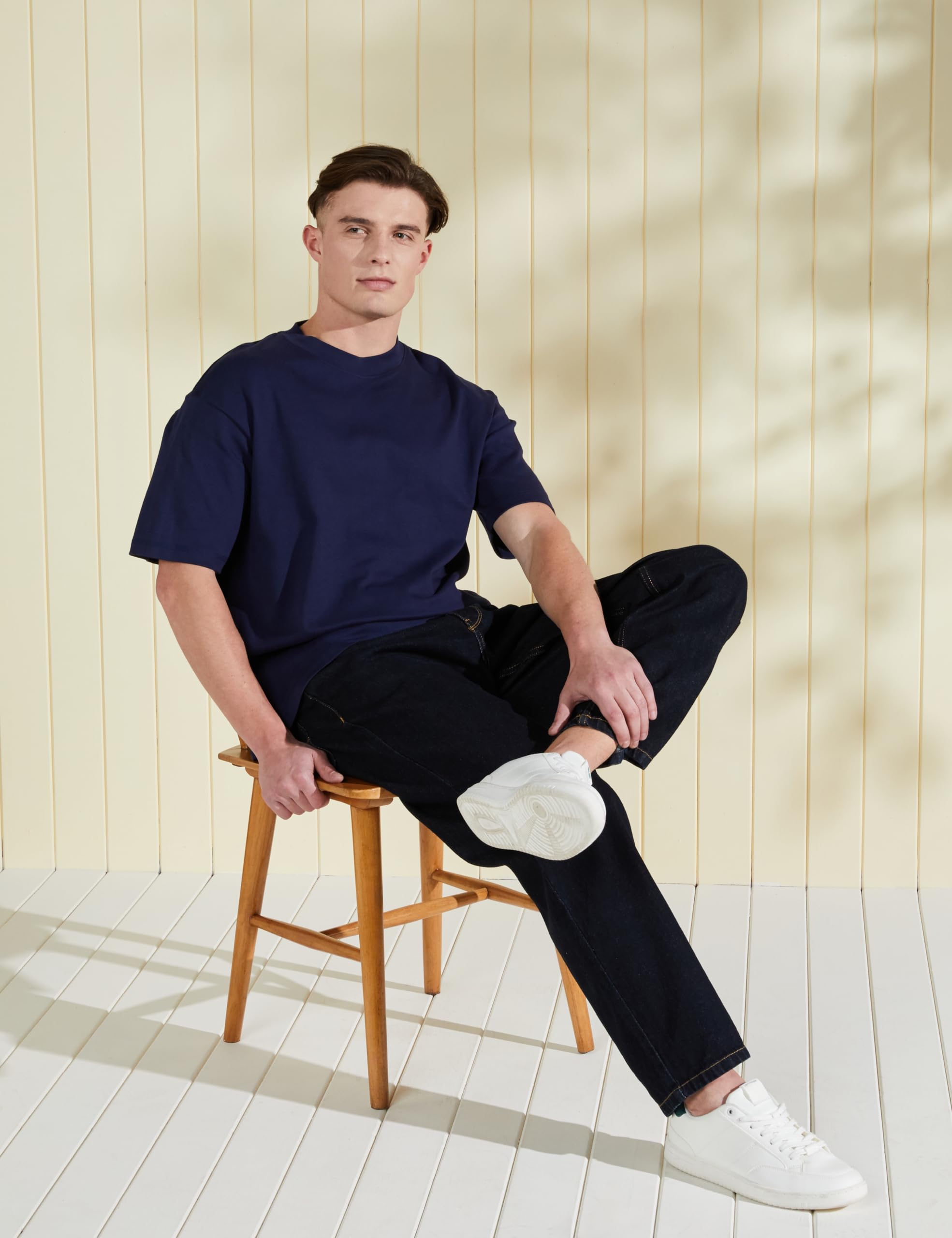 Symbol Men Cotton Solid Oversized T-Shirt - Navy - Image 3