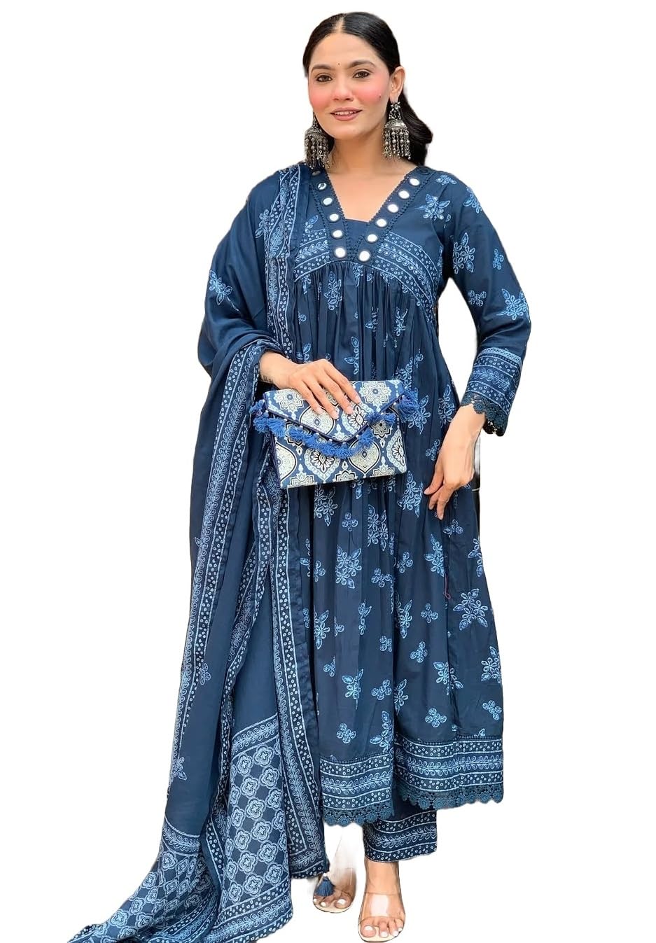 Nermosa Women Printed Anarkali Kurta Set - Blue