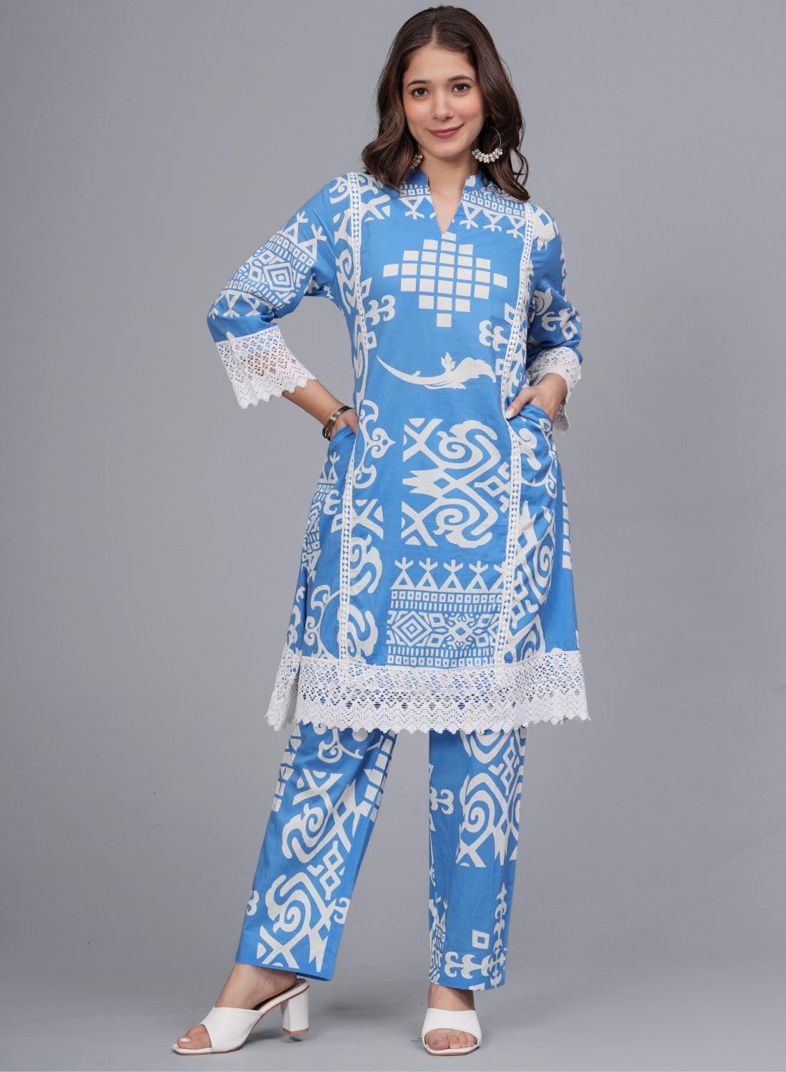 rytras Women's Cotton Printed Kurta Set with Palazzo - Blue - Image 3