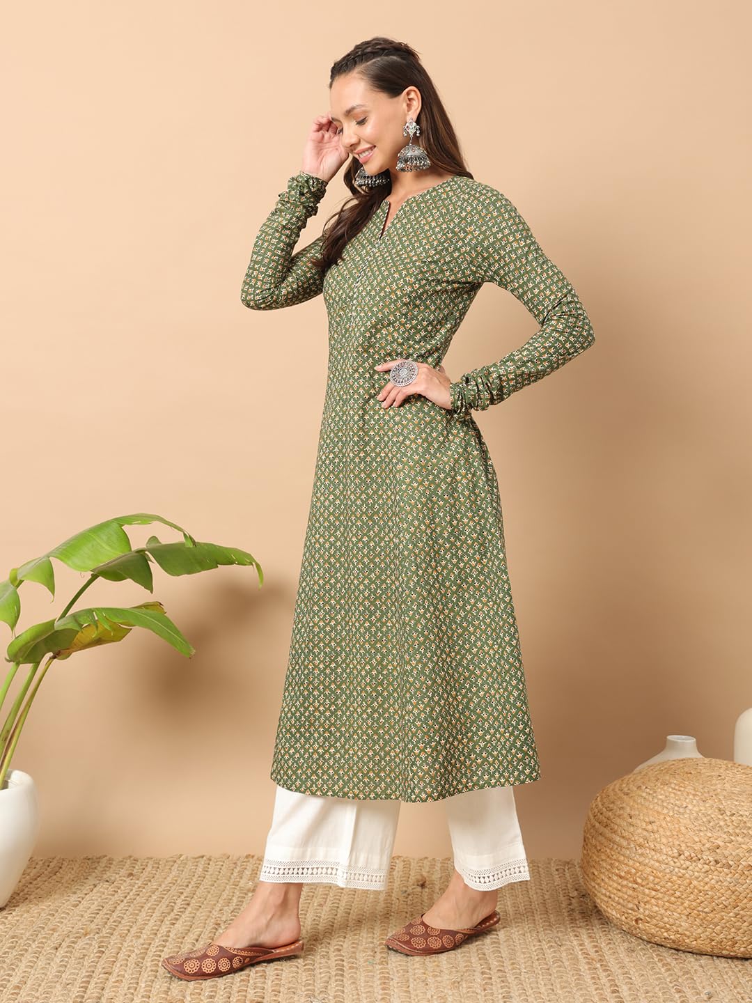 FIORRA Women's Green Floral Cotton A-Line Kurta - Image 3