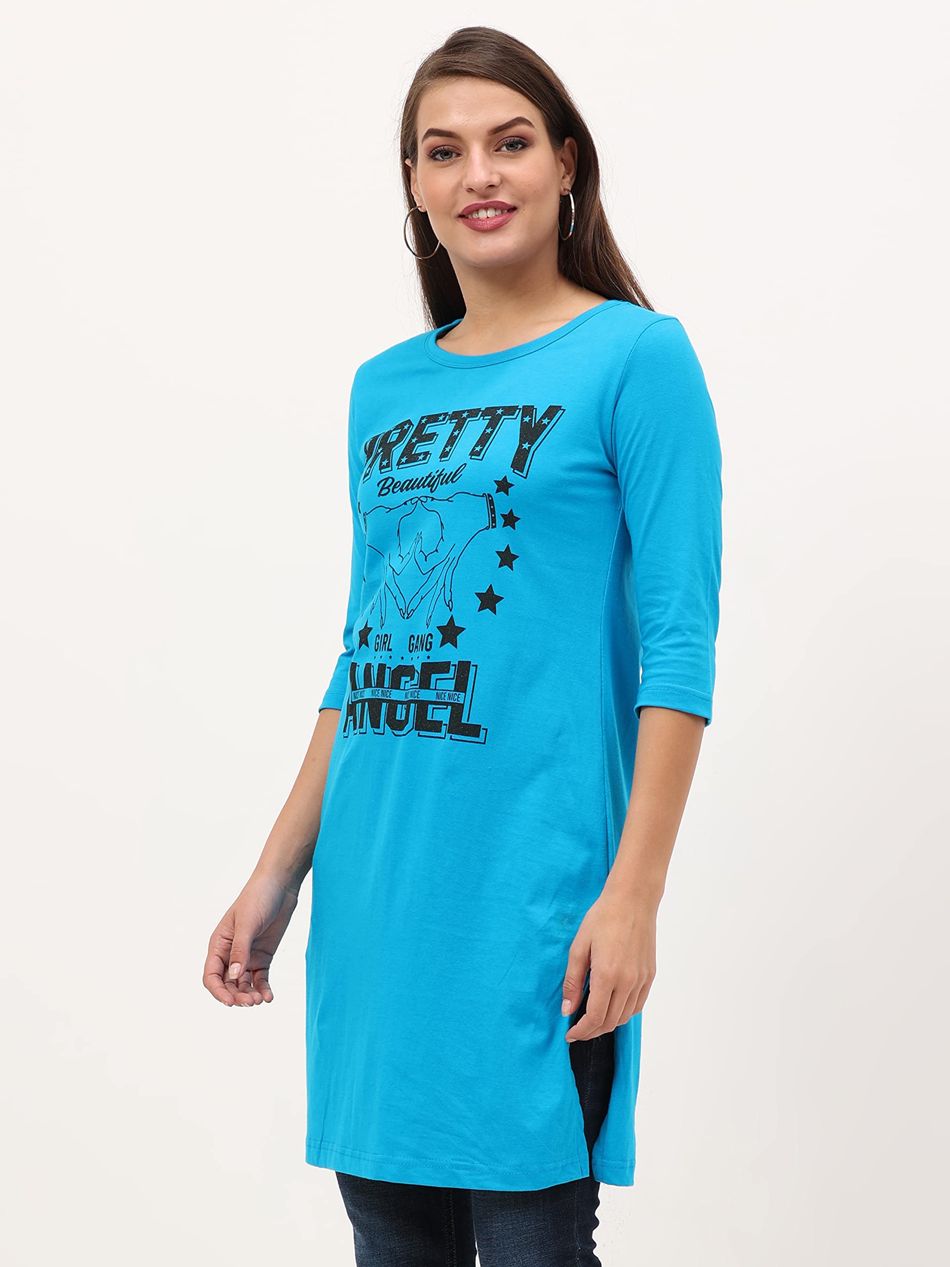 FLEXIMAA Women's Cotton Printed Round Neck Top - Blue - Image 3
