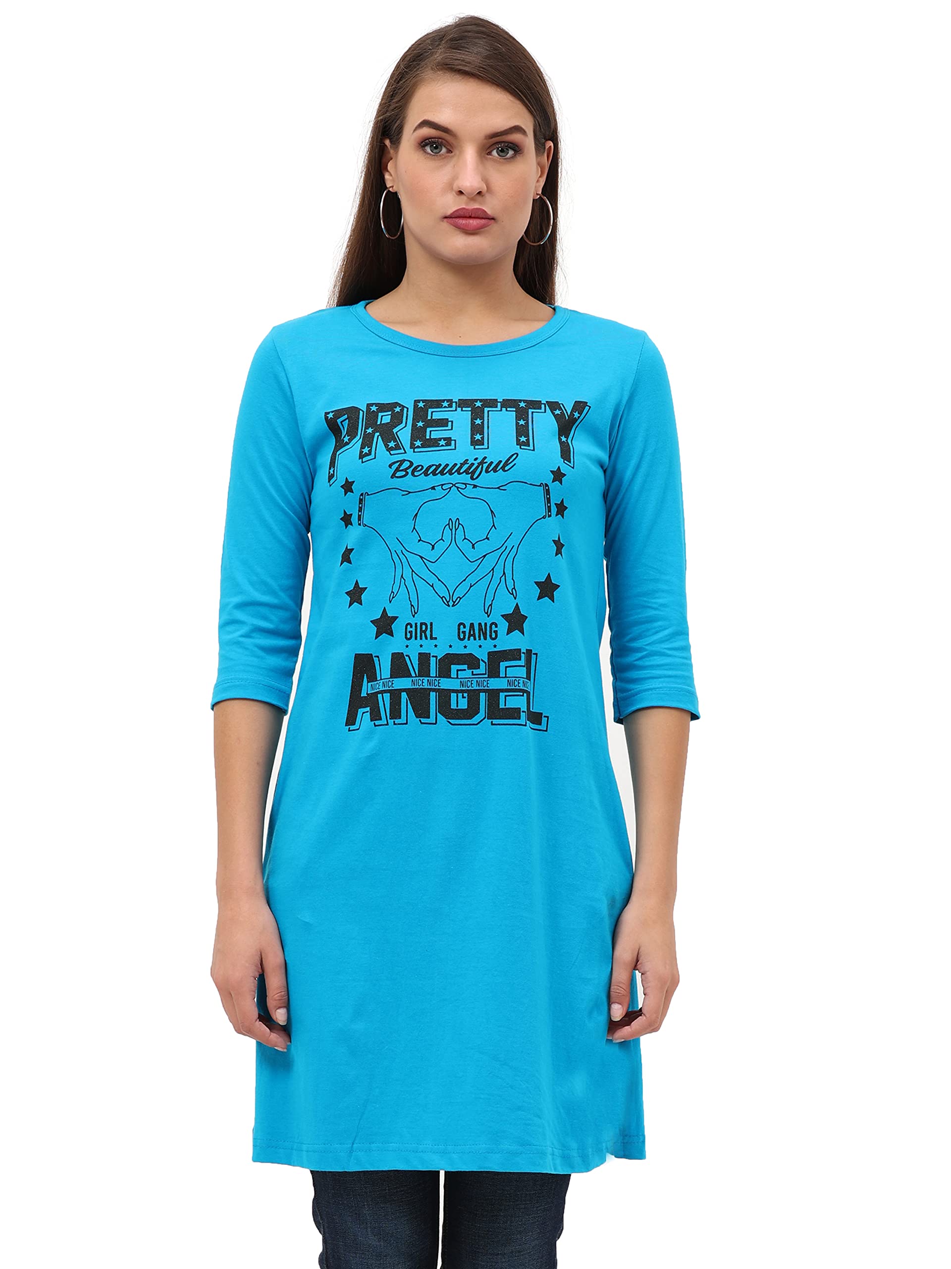 FLEXIMAA Women's Cotton Printed Round Neck Top - Blue