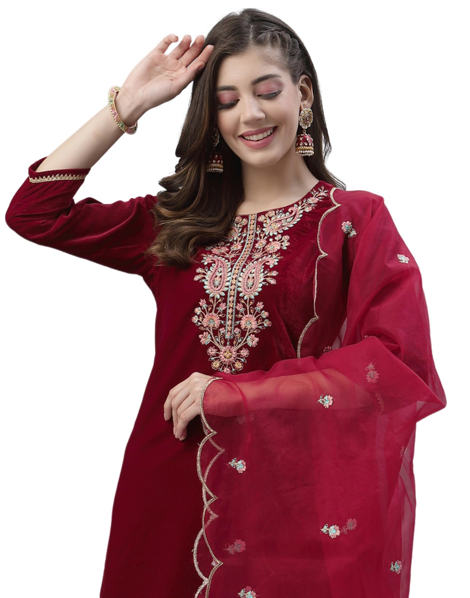 SIRIL Velvet Embroidery Kurta Set - Red