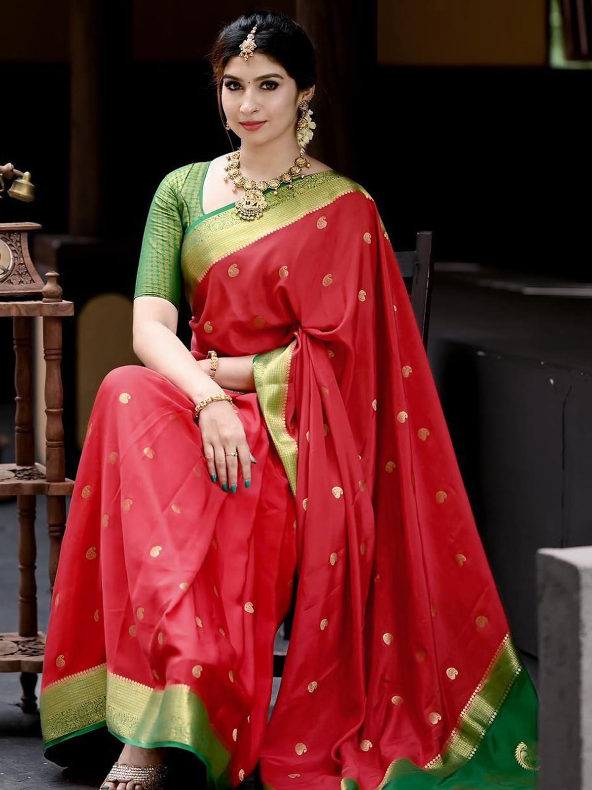 Satrani Women Kanjivaram Saree - Red & Green - Image 3
