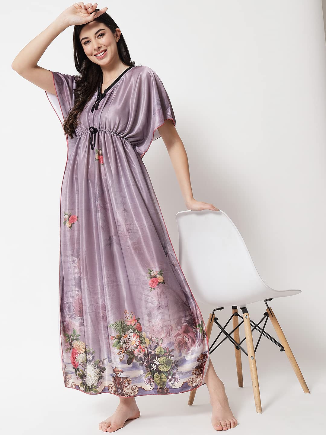 G4Girl Satin Silk Geometric Print Maxi Kaftan Nighty - Grey - Image 3