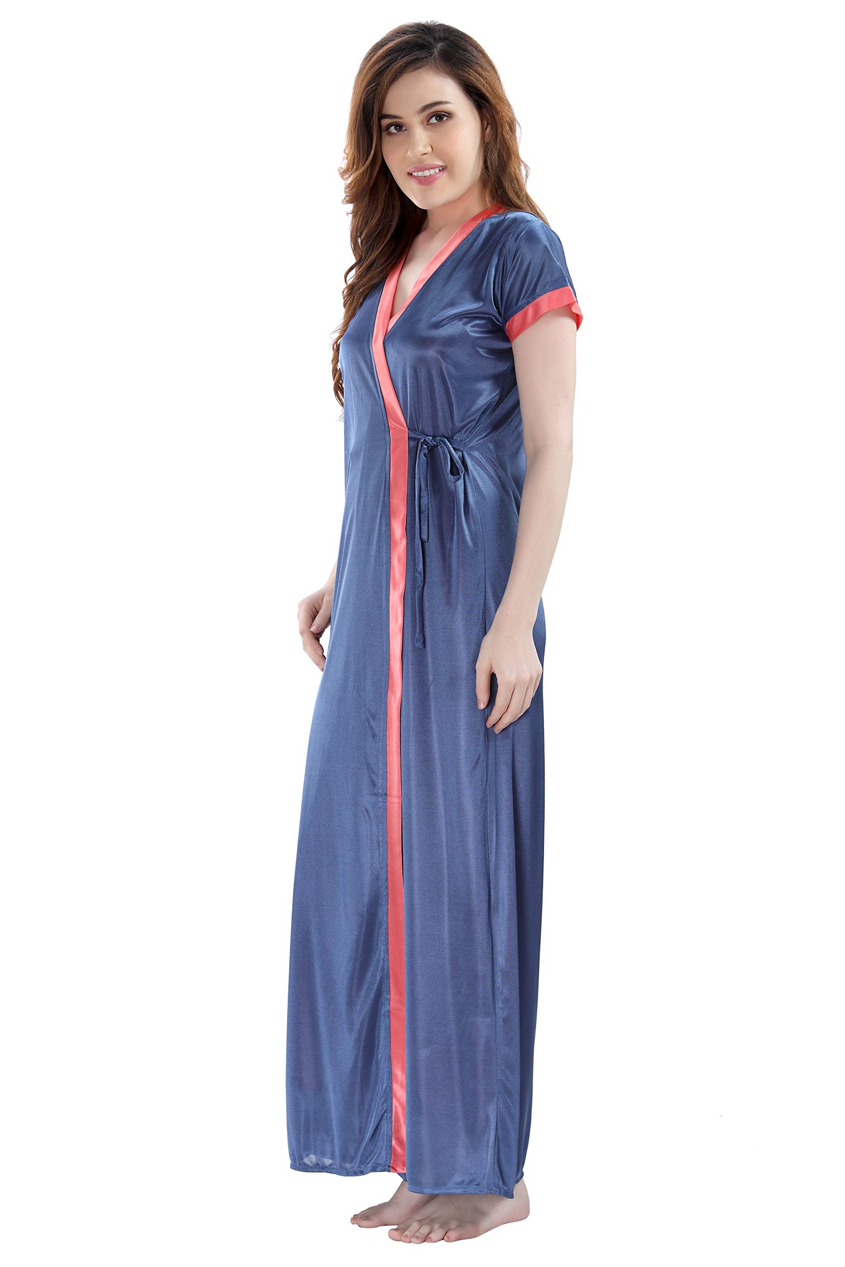 GarbGlide Women Satin Long Nighty with Lace - Navy - Image 3