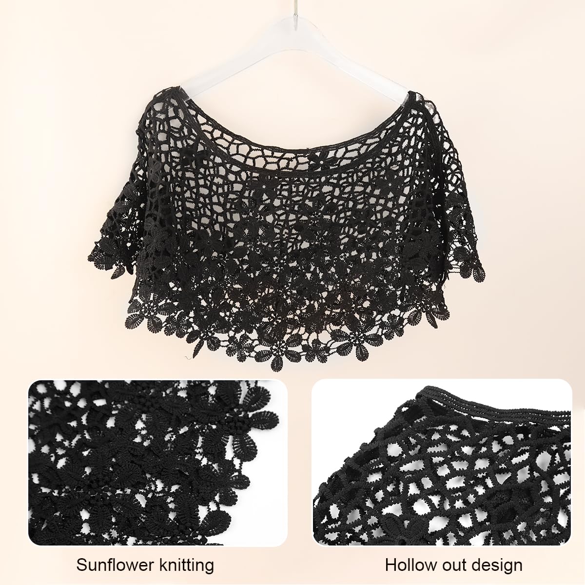 SANNIDHI Black Crochet Floral Poncho for Women - Image 3