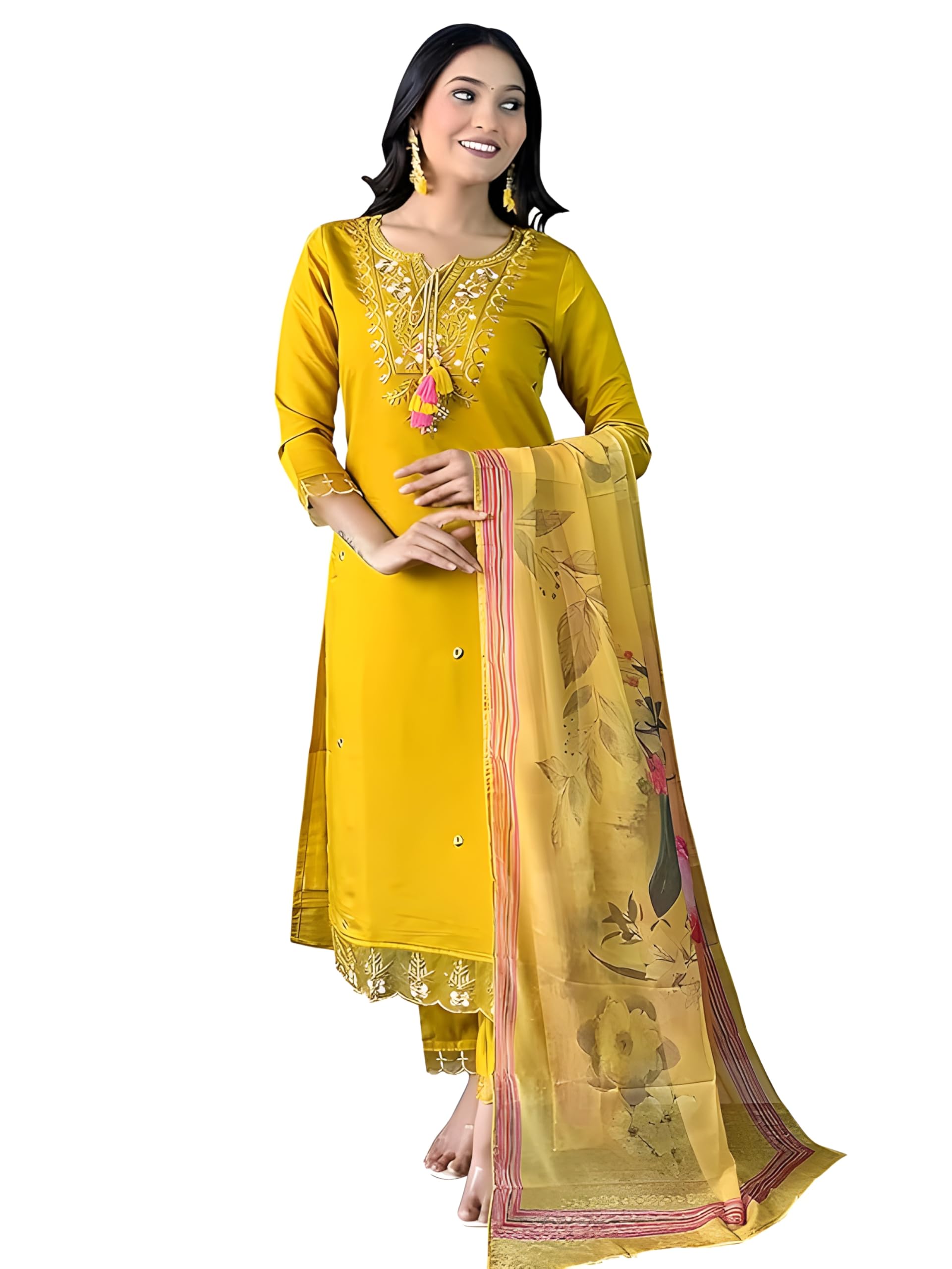 Naixa Women's Chanderi Embroidered Kurta with Silk Pant - Mustard