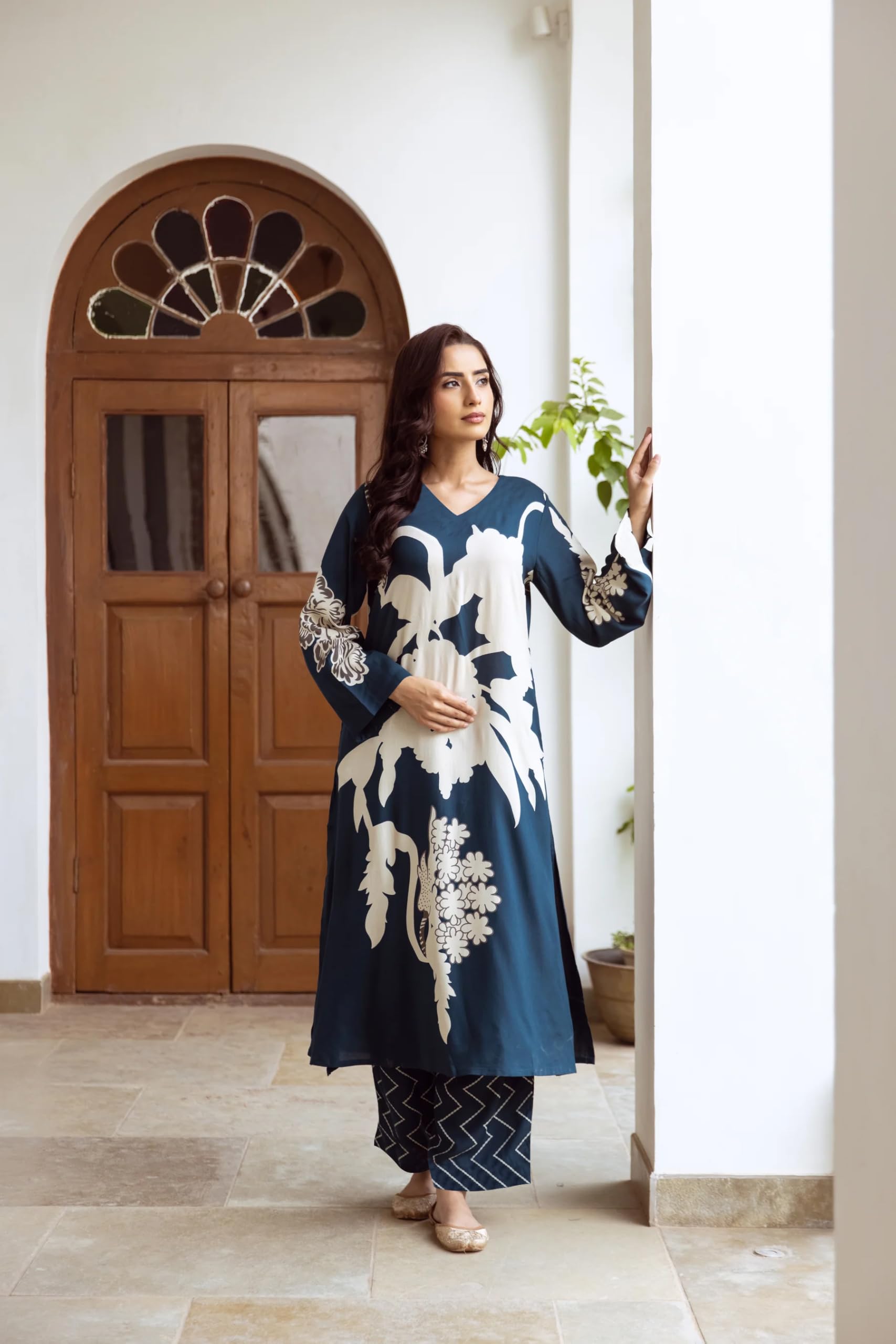 GoSriKi Women's Rayon Kurta with Palazzo - Blue - Image 4