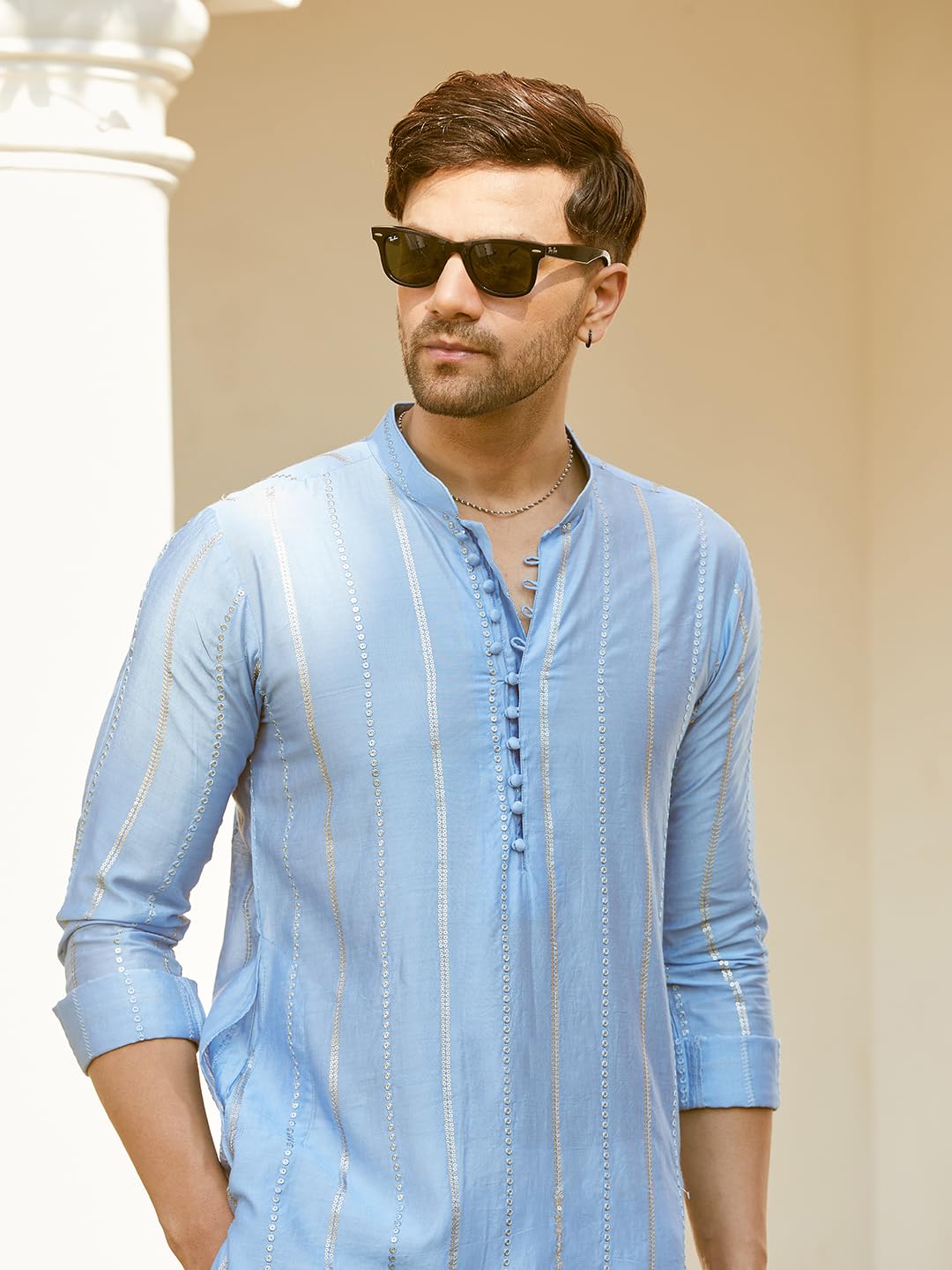 Turquoise Blue Chanderi Silk Kurta for Men - Image 2